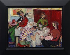 Artist and His Family, 1950s Interior Figurative Oil Painting, Red Green  White