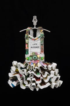 Used Dress Sculpture, flower papers, Late Bloomer