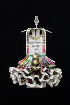 Used Dress Sculpture, flower papers, Won't Wither on the Vine