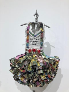 Used Dress Sculpture, flower papers, Follows Her Own Path