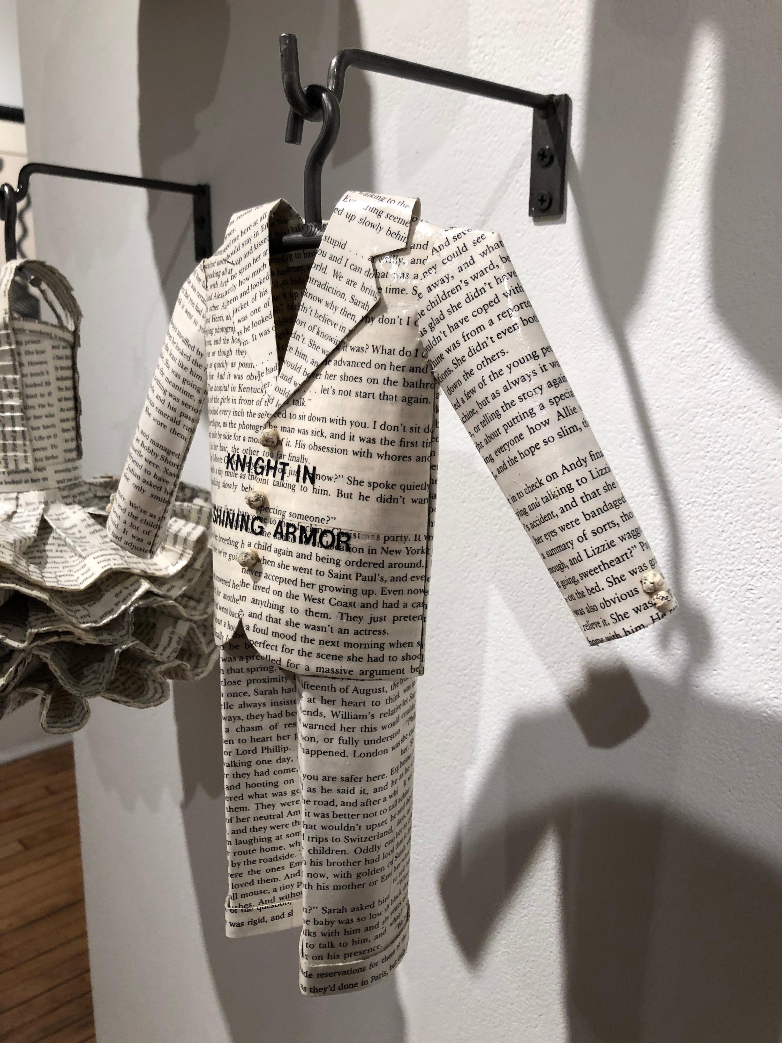 Knight In Shining Armor - Belle of the Ball, 2017, vintage romance novels, text, gel medium, acrylic spray, steel hanger and bracket, 26 x 16 x 10

Couple sculpture / suit and dress sculpture by Donna Rosenthal

New York-based artist Donna Rosenthal