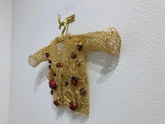 Lucky In Love, Crocheted Metal Coat Sculpture, Ornate Gold Leaf and Red Jewels