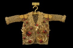 Lucky In Love, Crocheted Metal Coat Sculpture, Ornate Gold Leaf and Red Jewels