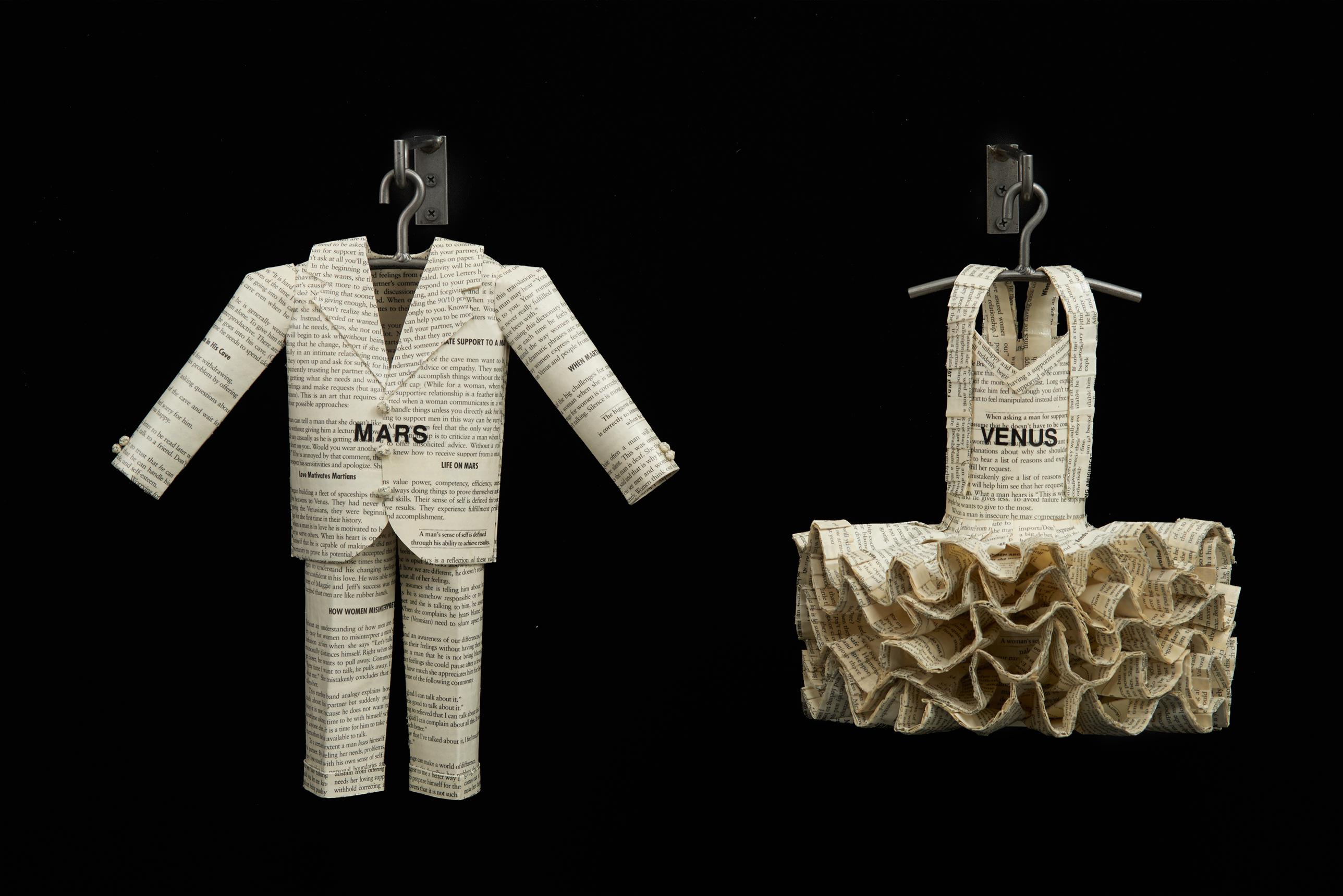  Sculpture, paper, Romance Novels couple suit and dress, on wall Mars vs, Venus - Mixed Media Art by Donna Rosenthal