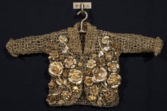 Mother Love, Crocheted Metal Coat Sculpture with Ornate Gold Flowers