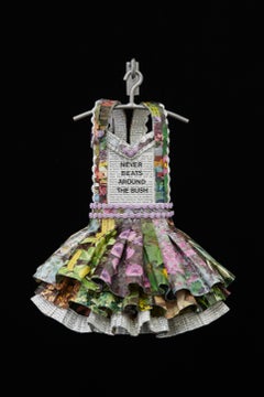 Used Dress Sculpture, flower papers, Never Beats Around the Bush