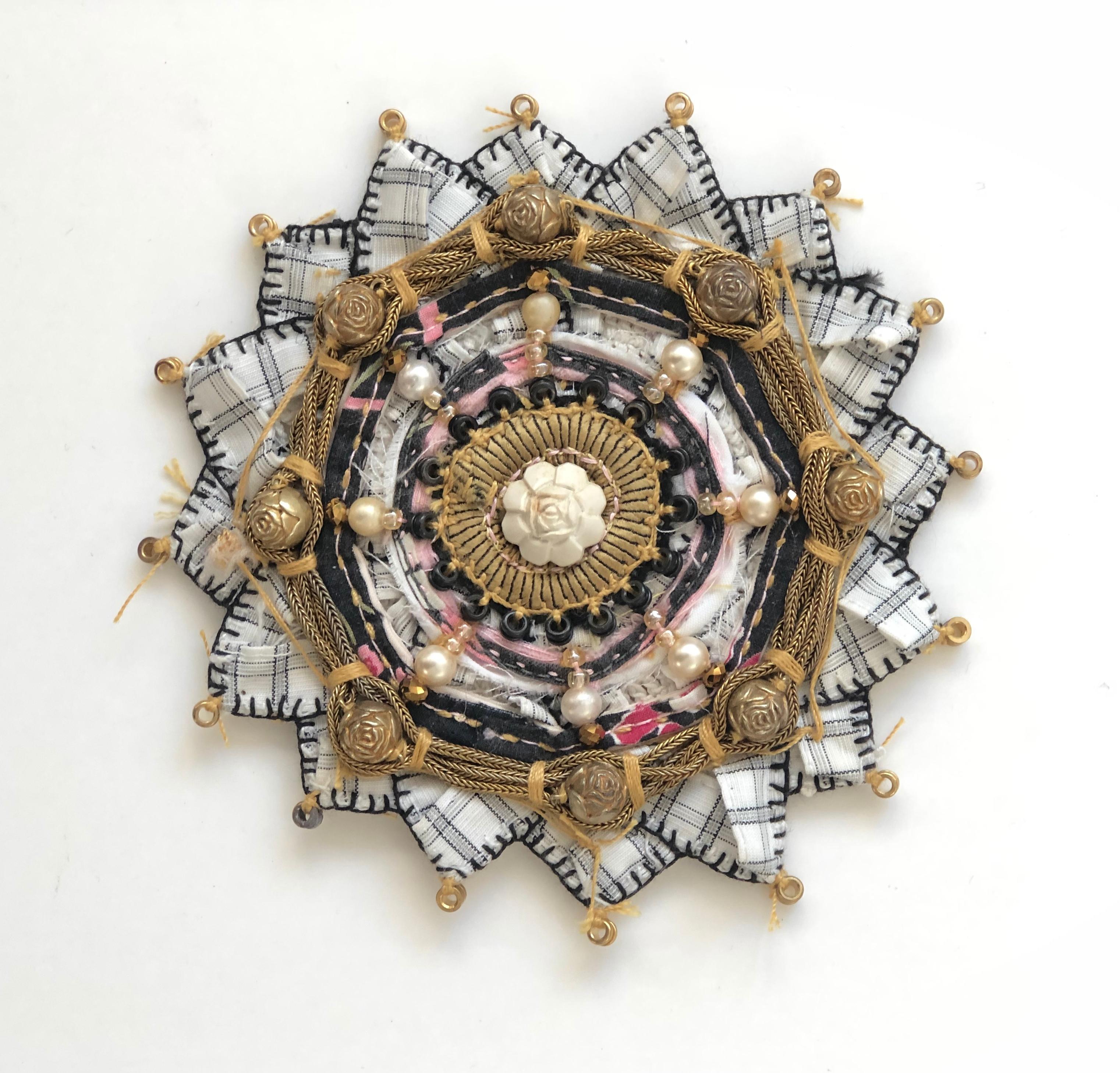 Bud 429, Pink, Black and White, Gold Roses Mixed Media Textile Mandala - Mixed Media Art by Donna Sharrett
