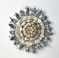 Bud 527, Mixed Media Textile Mandala in Peach, Ivory Black and White Gold Pearls
