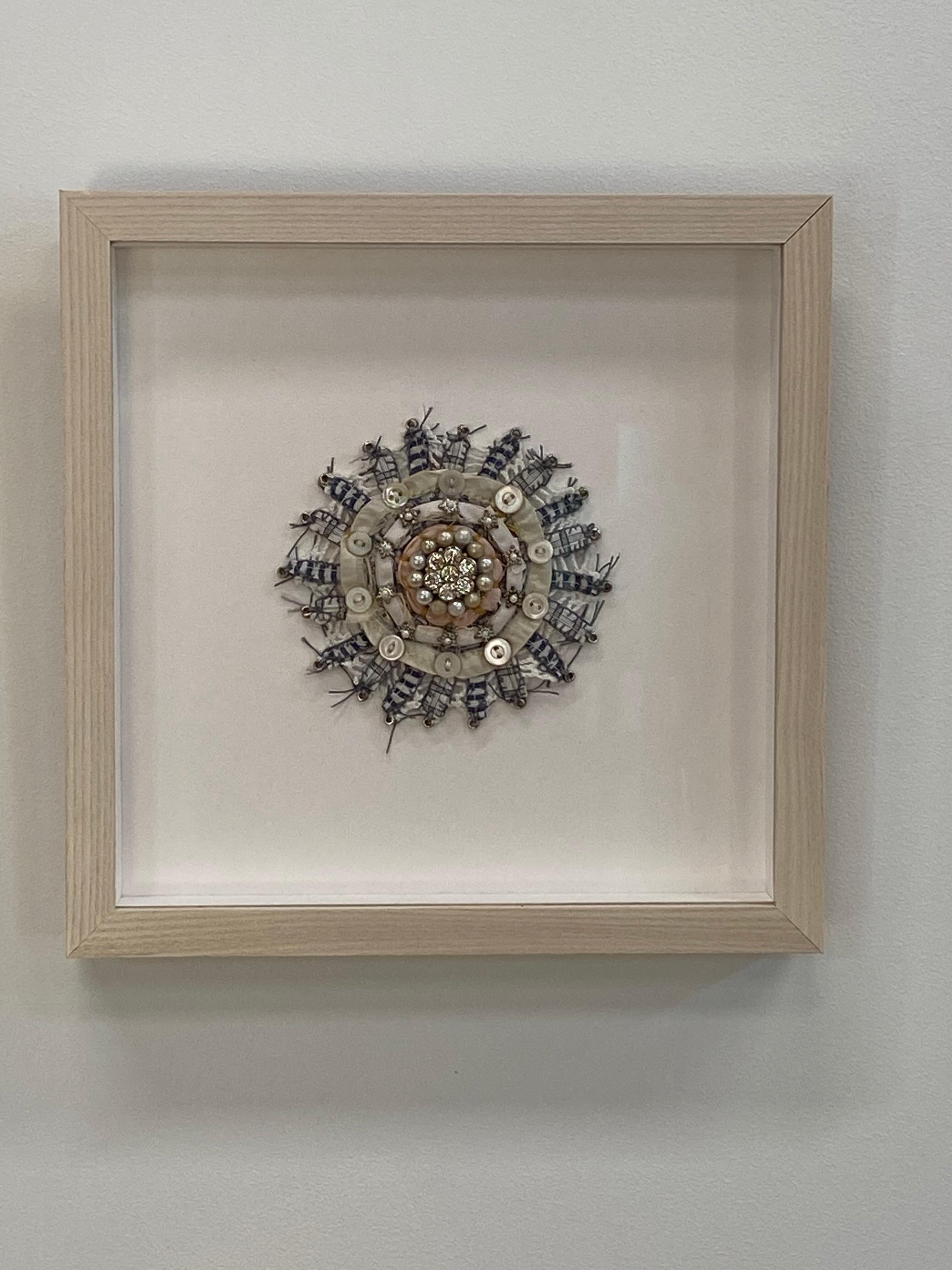 Bud 527, Peach, Ivory Black and White Gold Pearls, Mixed Media Textile Mandala - Contemporary Mixed Media Art by Donna Sharrett