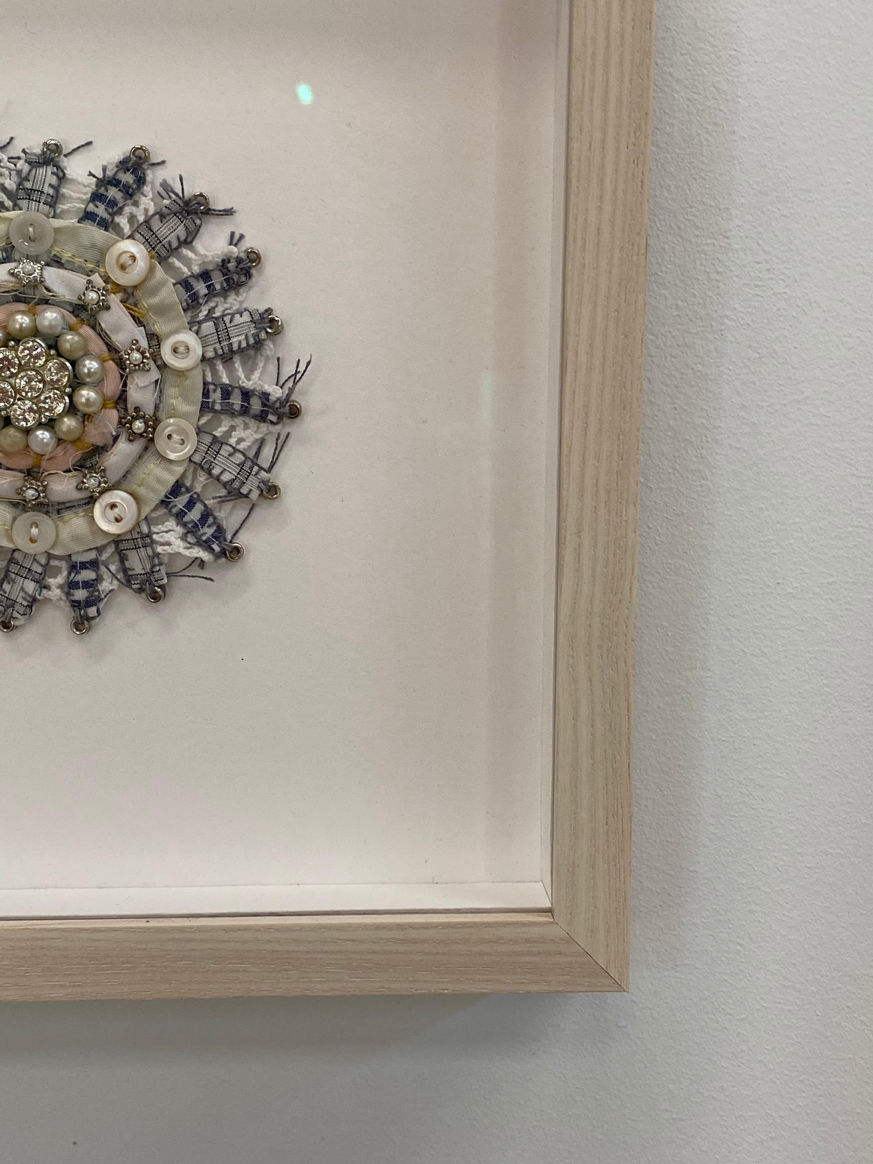Bud 527, Peach, Ivory Black and White Gold Pearls, Mixed Media Textile Mandala For Sale 3