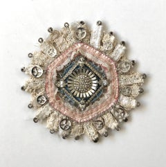 Bud 620, Mixed Media Textile Mandala in Pink, Ivory, Blue, Silver Peace Signs
