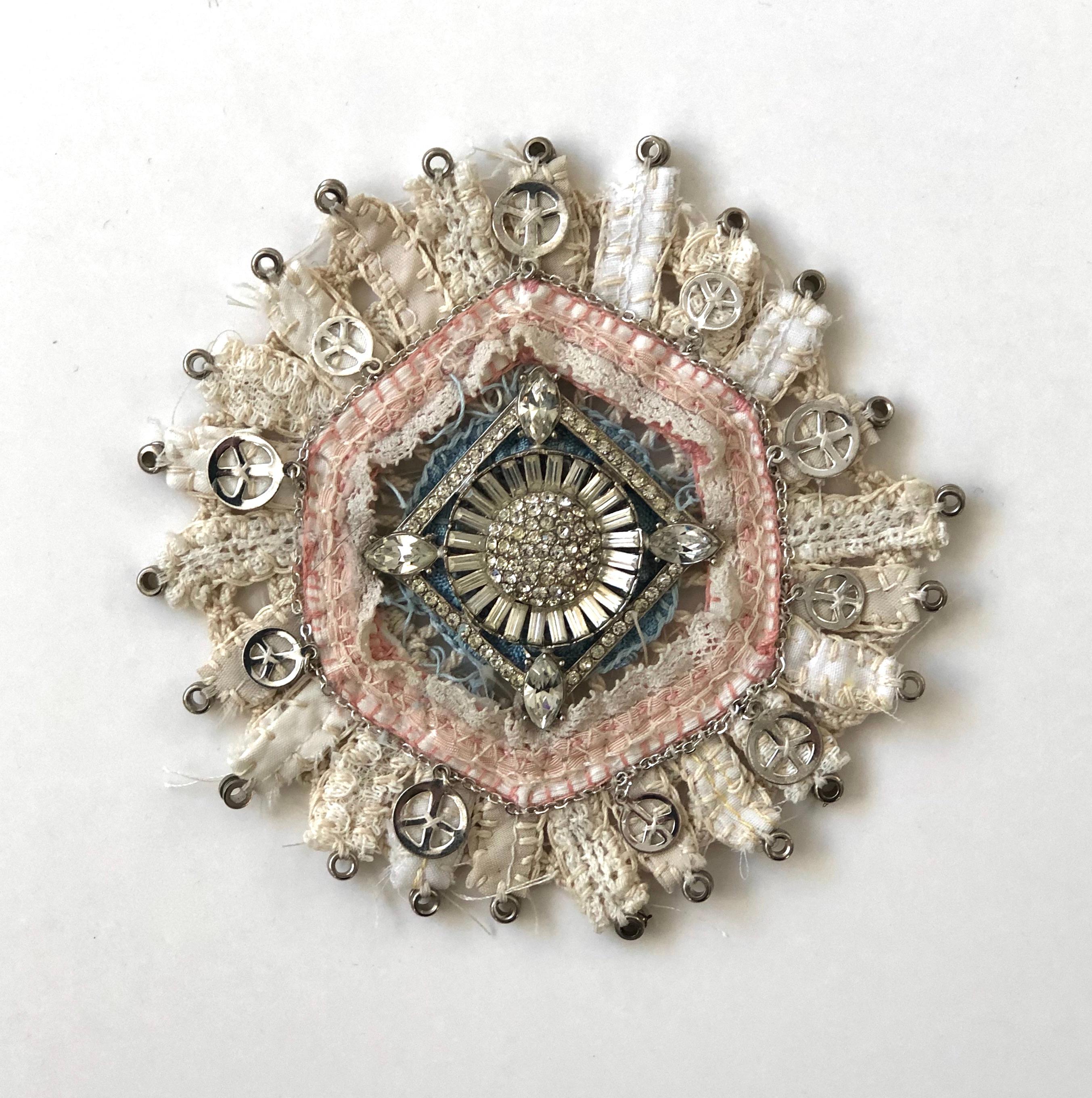 Bud 620, Pink, Ivory, Blue, Silver Peace Signs Mixed Media Textile Mandala - Mixed Media Art by Donna Sharrett