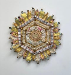 Bud 721, Mixed Media Textile Mandala, Yellow, Pink, White with Buttons, Beads