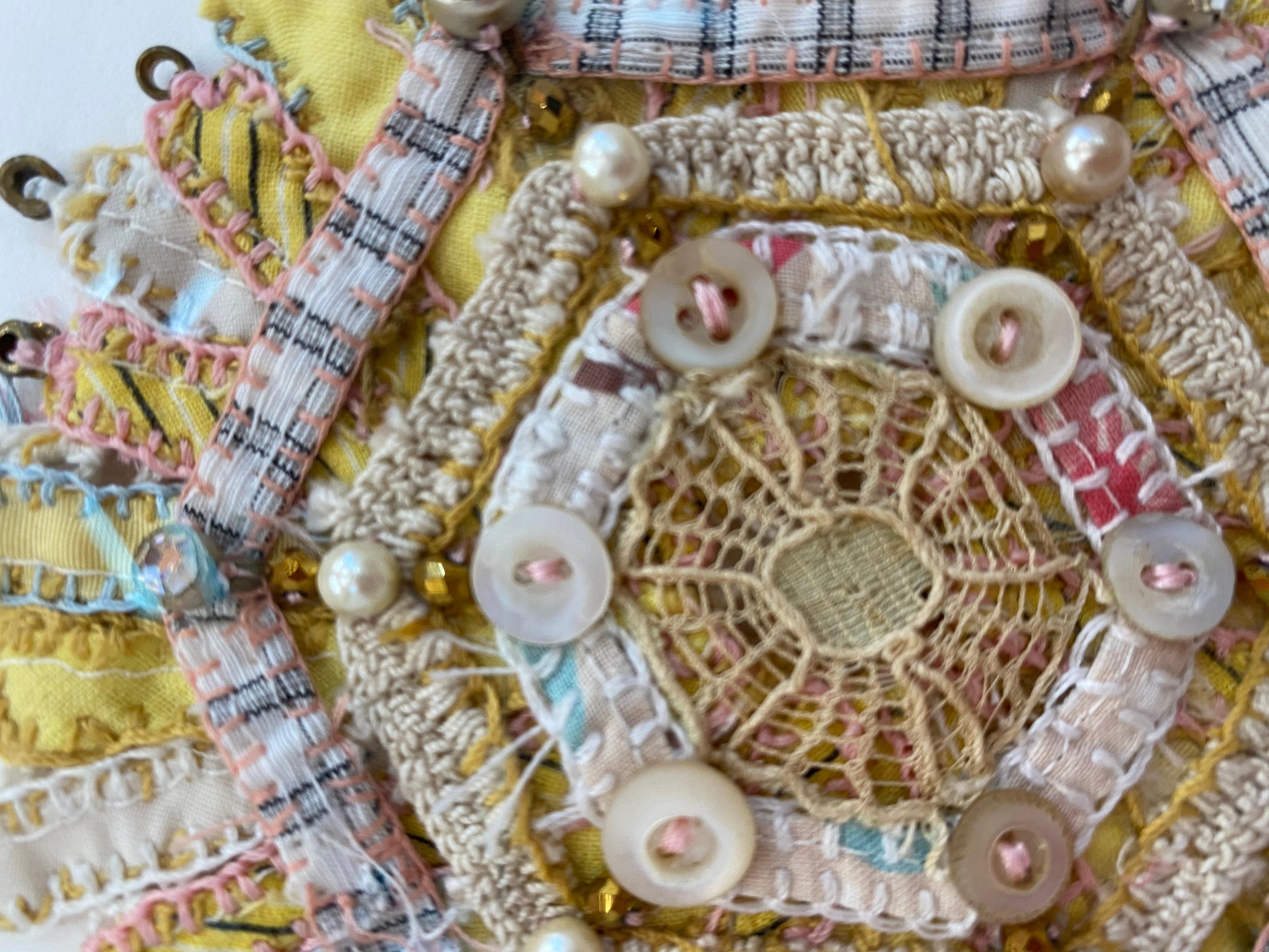 Bud 721, Yellow, Pink, White, Buttons, Beads Mixed Media Textile Mandala For Sale 3