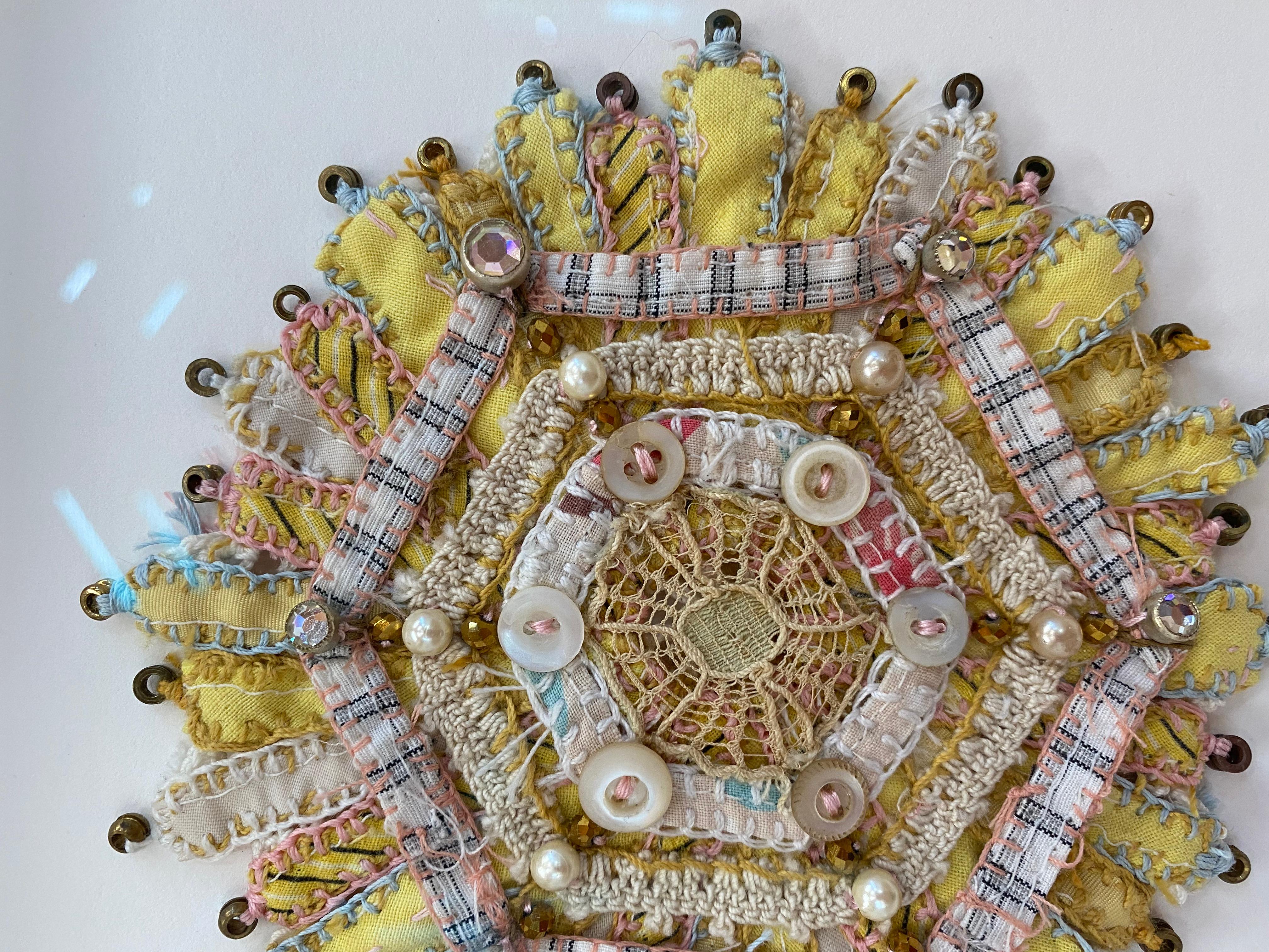 Bud 721, Yellow, Pink, White, Buttons, Beads Mixed Media Textile Mandala For Sale 4