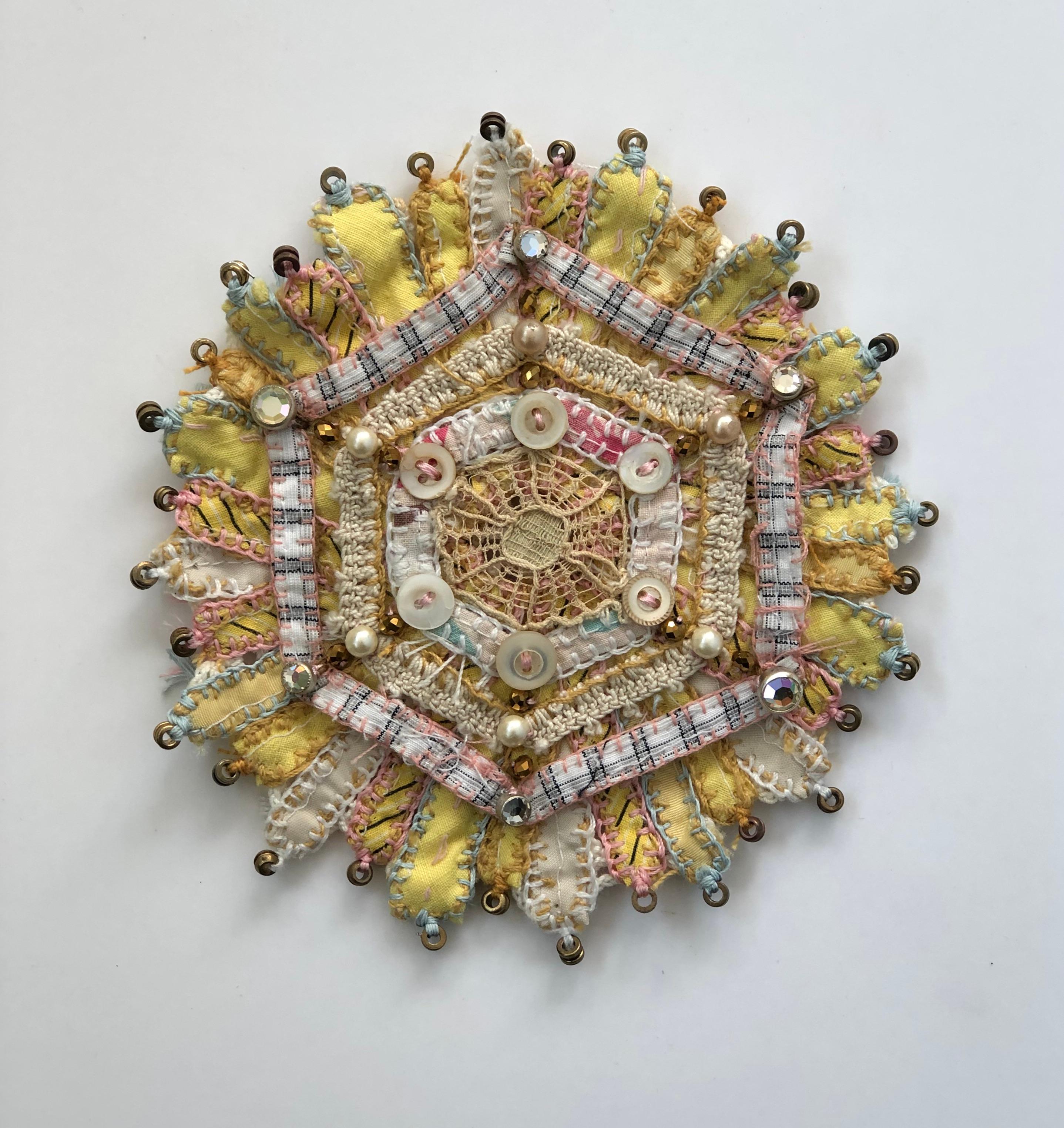Bud 721, Yellow, Pink, White, Buttons, Beads Mixed Media Textile Mandala - Mixed Media Art by Donna Sharrett