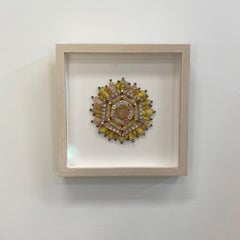 Bud 721 - Yellow Pink White Textile Mandala Buttons Beads Mixed Media, 2019