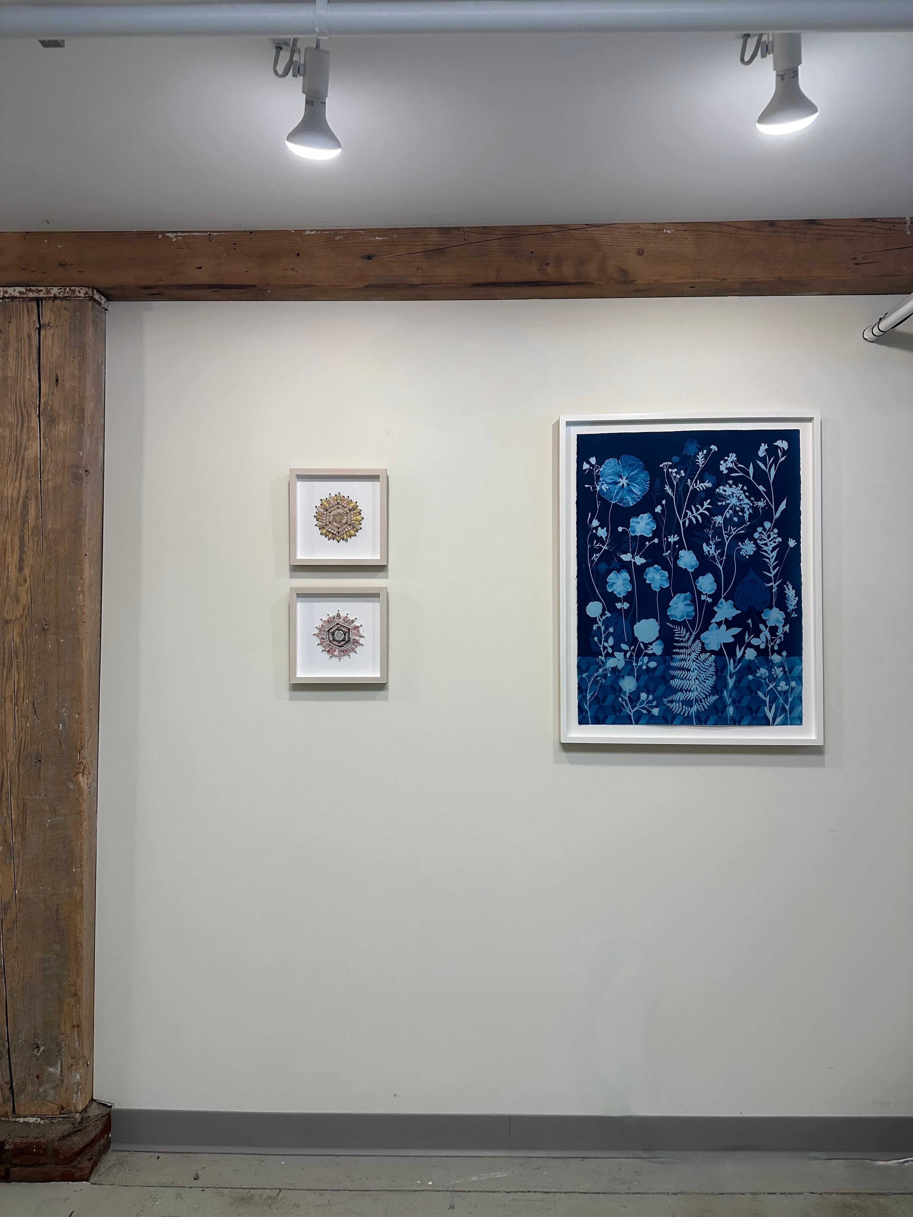 Bud 721 - Yellow Pink White Textile Mandala Buttons Beads Mixed Media, 2019 For Sale 1