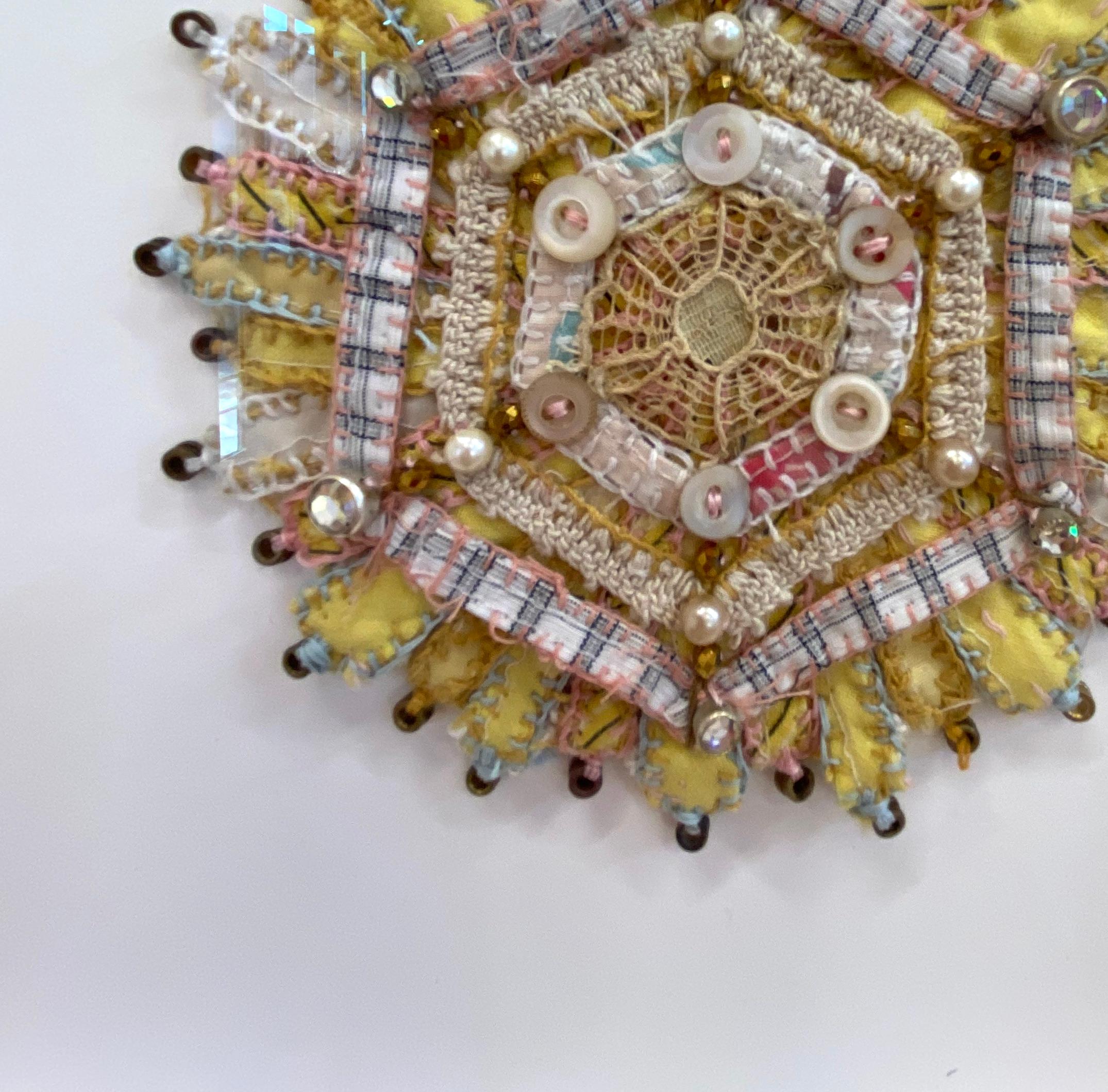 Bud 721 - Yellow Pink White Textile Mandala Buttons Beads Mixed Media, 2019 For Sale 2