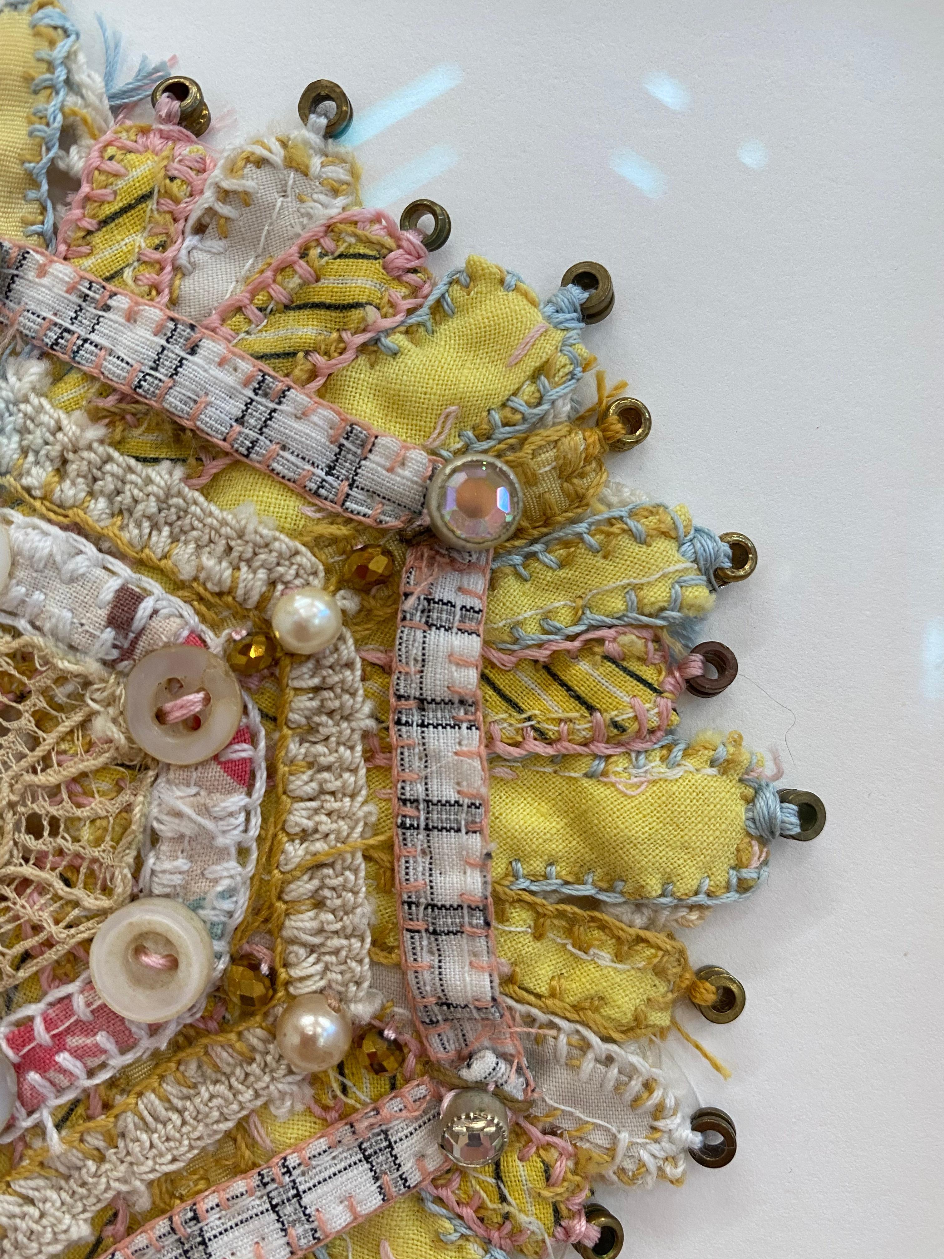 Bud 721 - Yellow Pink White Textile Mandala Buttons Beads Mixed Media, 2019 For Sale 5