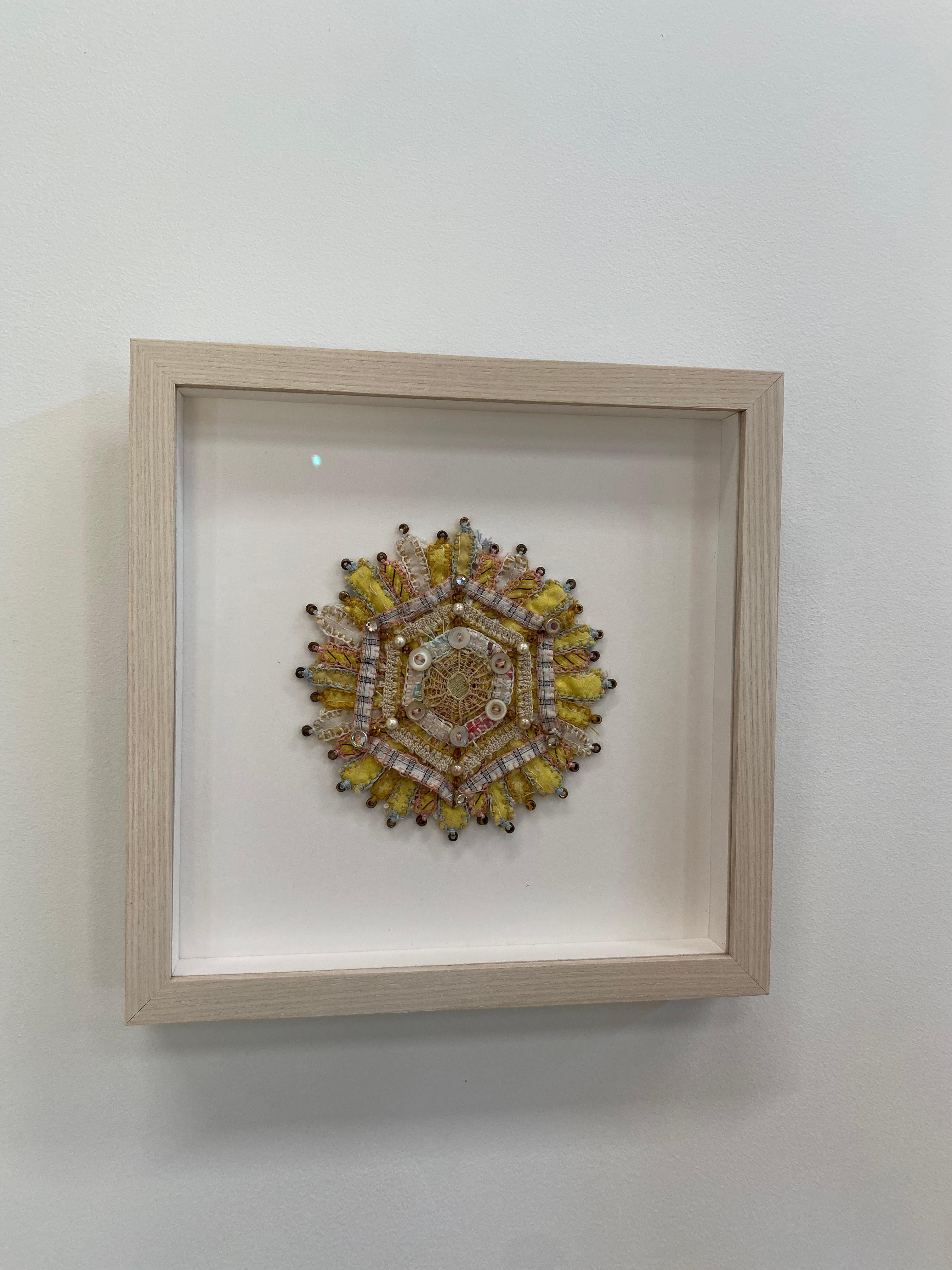 Bud 721 - Yellow Pink White Textile Mandala Buttons Beads Mixed Media, 2019 For Sale 6