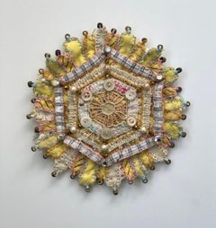 Bud 721 - Yellow Pink White Textile Mandala Buttons Beads Mixed Media, 2019