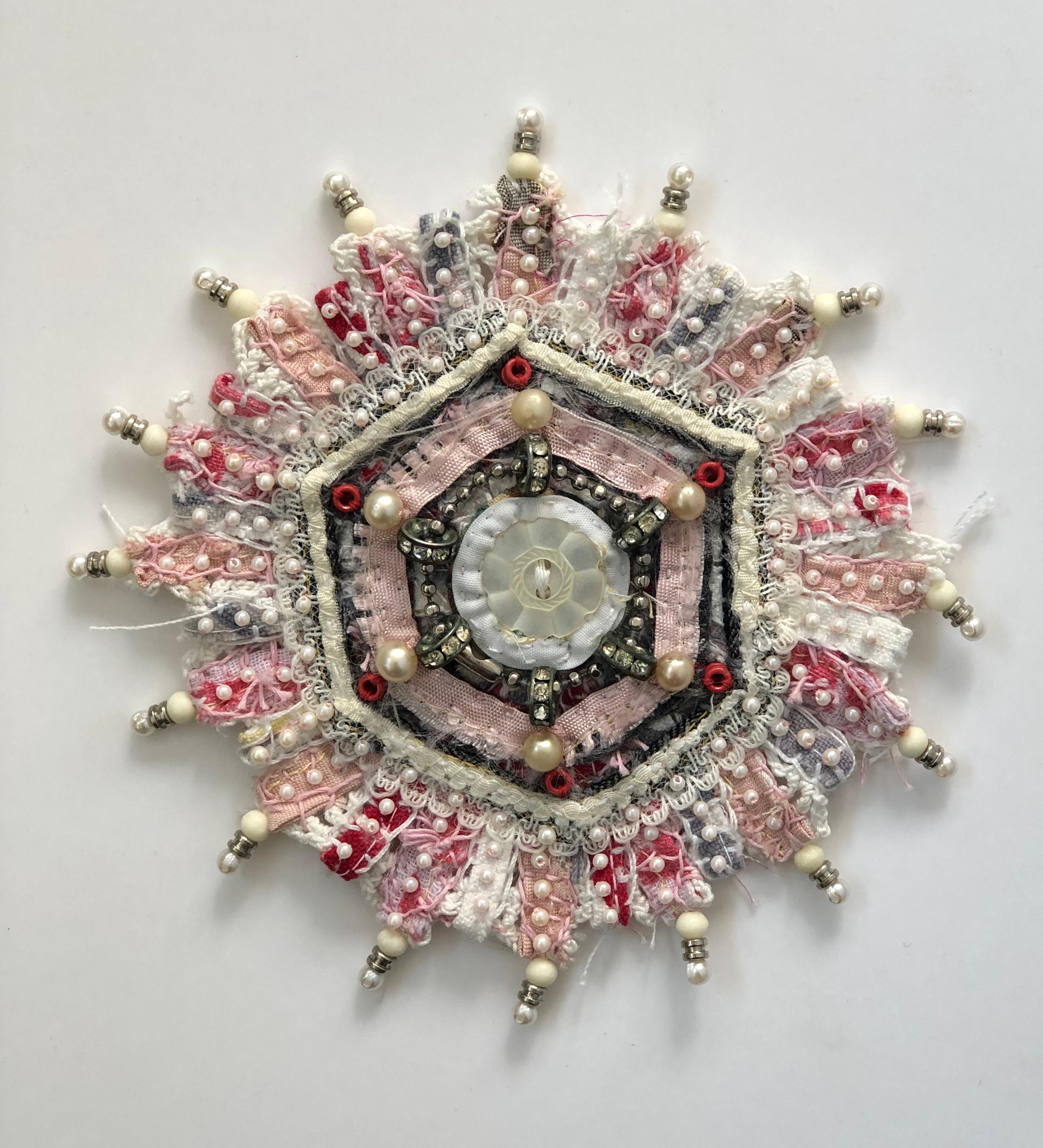 Bud 929, Pink, Magenta, White, Ivory Pearls Mixed Media Textile Mandala - Mixed Media Art by Donna Sharrett