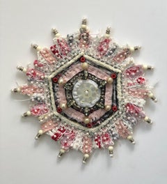 Bud 929, Pink, Magenta, White, Ivory Pearls Mixed Media Textile Mandala