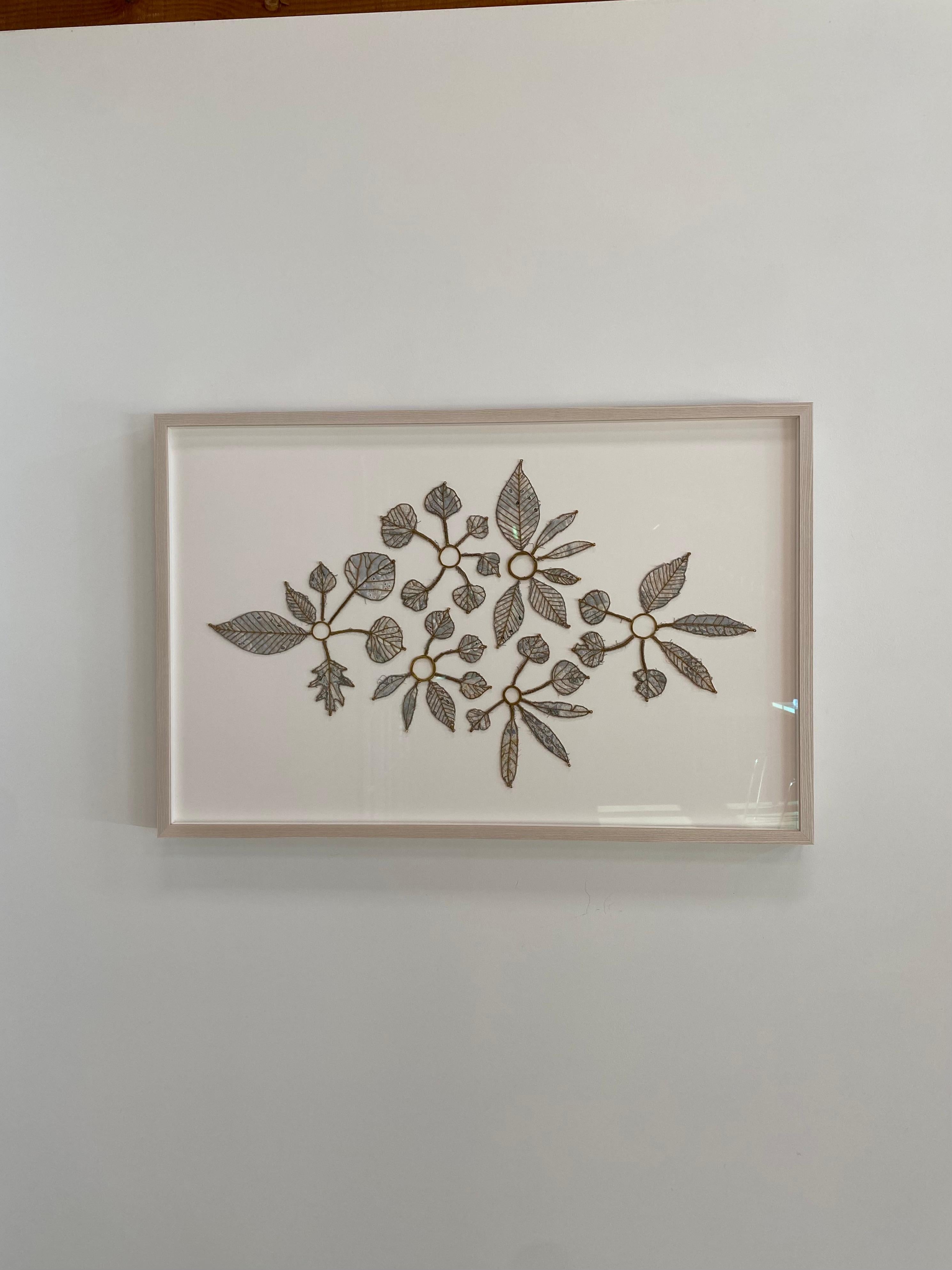Hitkwike Green River, Leaves in Gray, Ivory, Gold Mixed Media Botanical Textile - Contemporary Mixed Media Art by Donna Sharrett