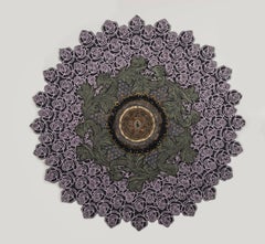 Lovesong, Sewn Textile Mandala with Fabric, Buttons and Jewelry in Purple, Green