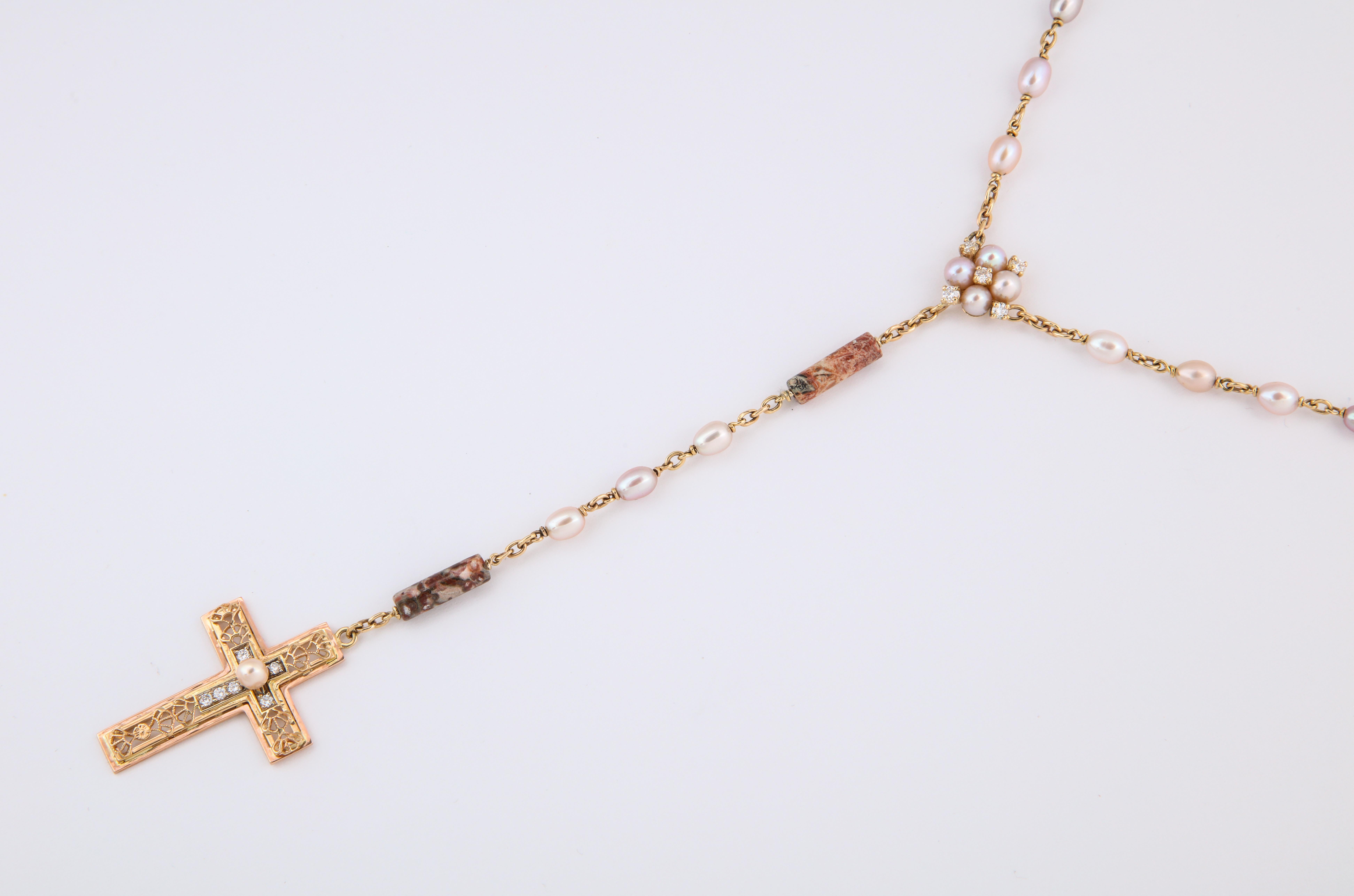 One of a kind! A newly created traditional rosary fashioned with a vintage 14K gold filigree cross suspended from a chain of 14K yellow gold,  jasper beads, fresh water natural color pearls and diamond accents makes for a very special gift. 