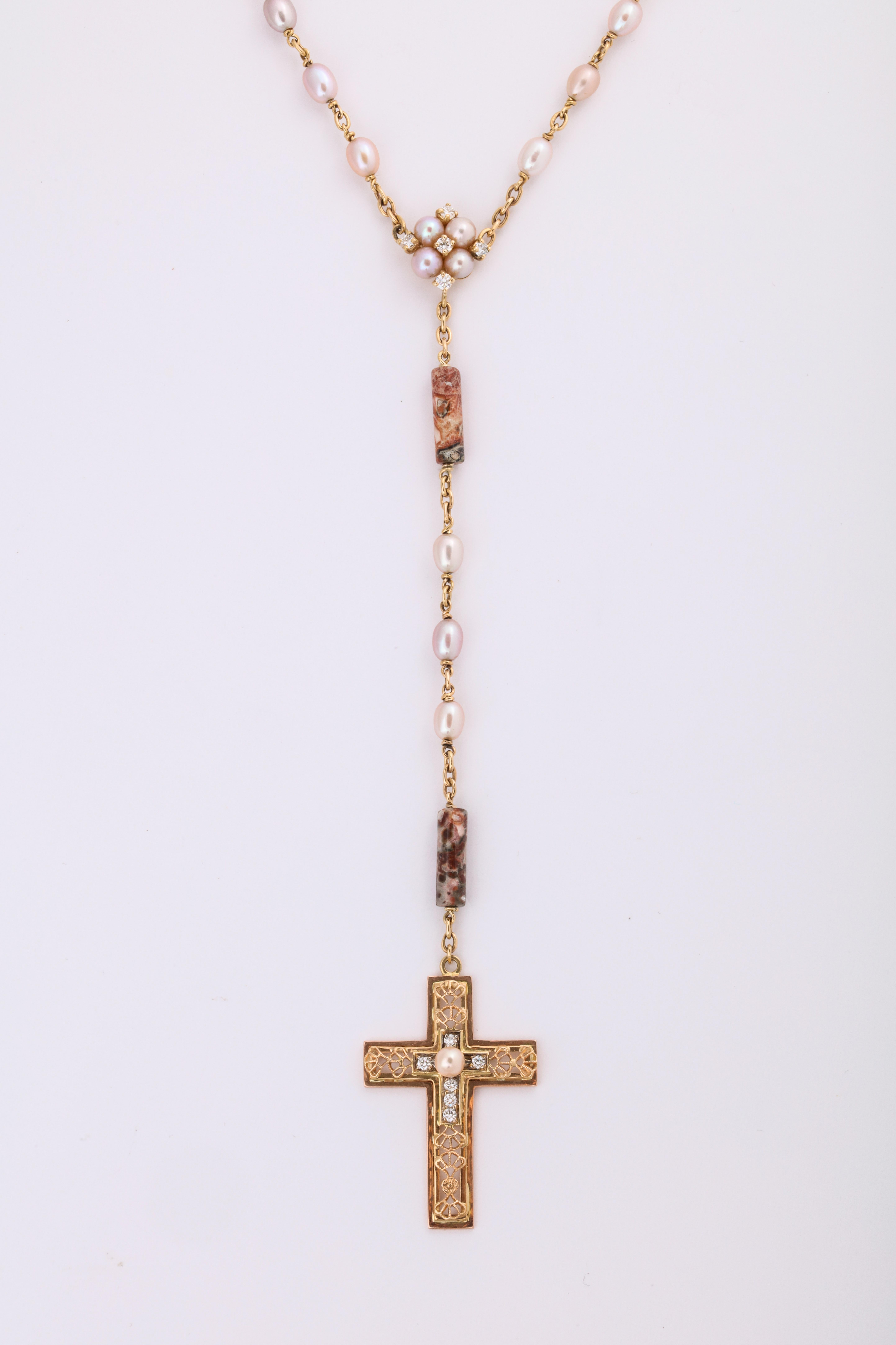 Donna Vock 14 Karat Gold Rosary with Pearls, Jasper and Diamonds In Excellent Condition For Sale In New York, NY