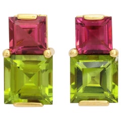Donna Vock 18 Karat Gold Pink Tourmaline and Peridot Stud Earrings