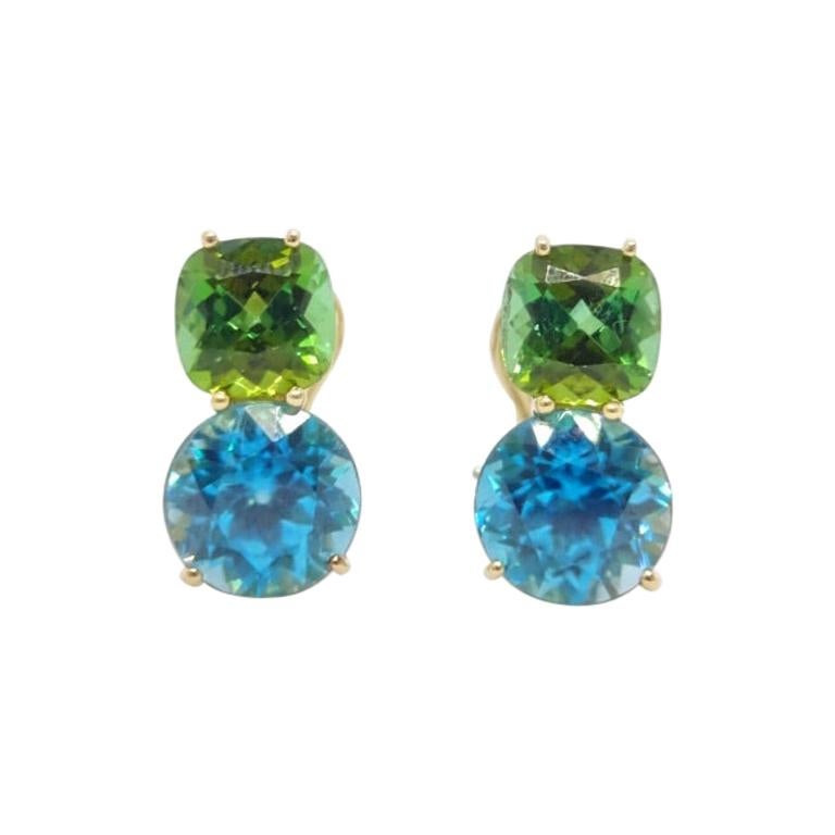 Donna Vock 18 Karat Gold Tourmaline and Blue Zircon Clip-On Double Stud Earrings For Sale