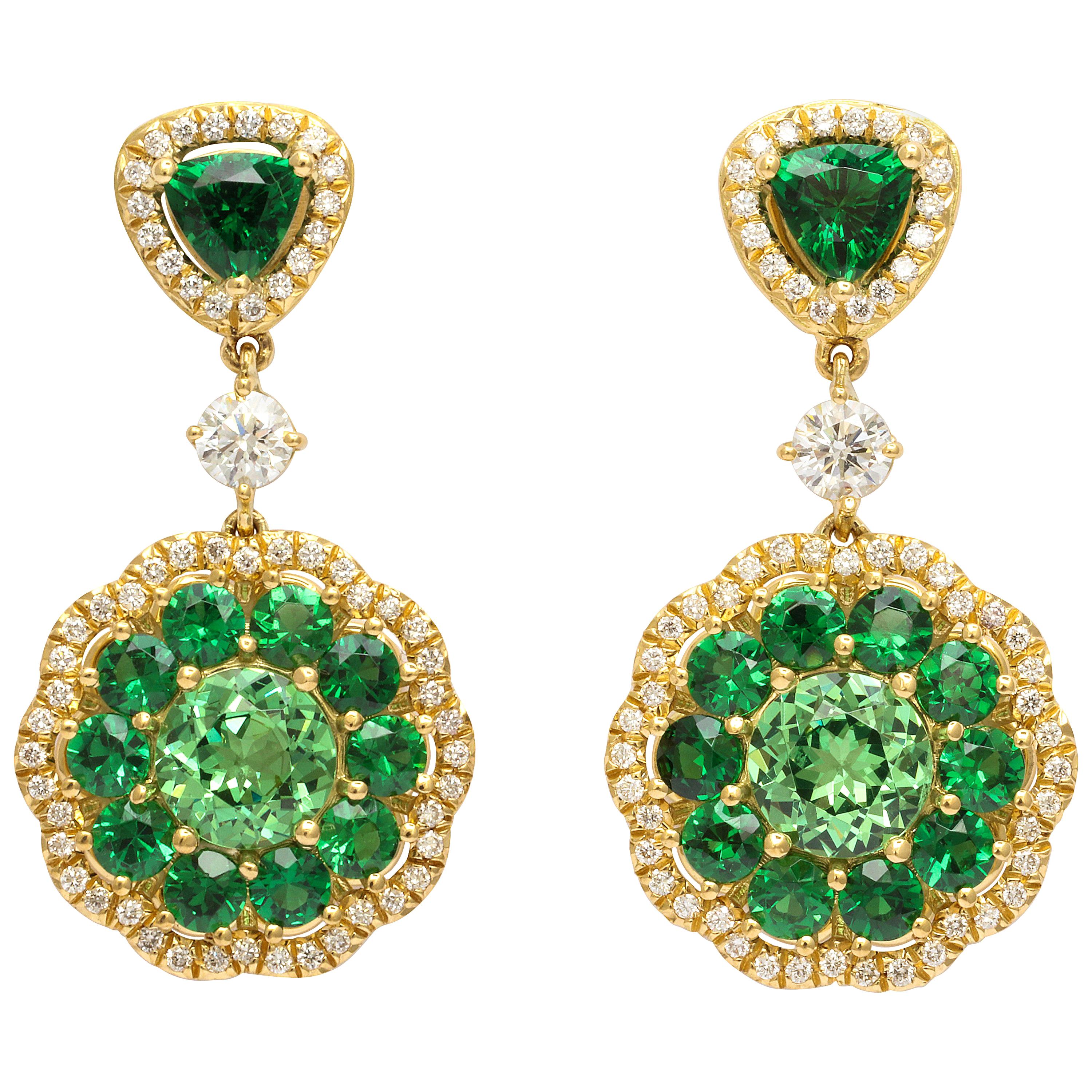 Donna Vock 18 Karat Gold Tsavorite Garnet and Diamond Drop Earrings For Sale