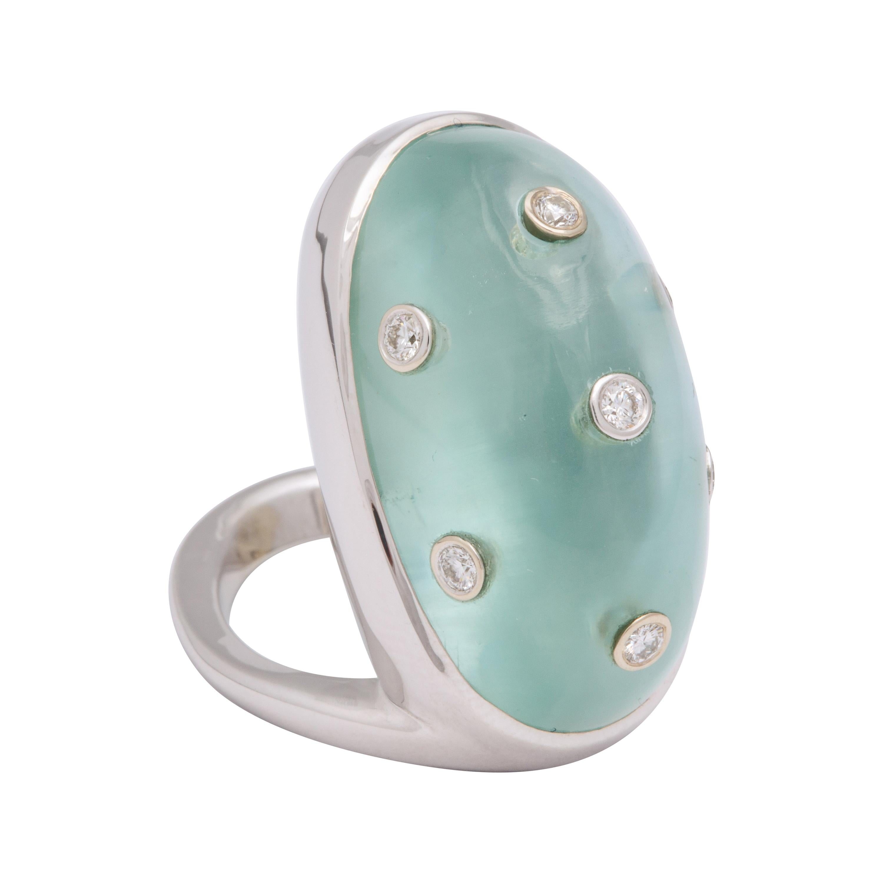 Donna Vock 18 Karat White Gold Ring with Cabochon Aquamarine and Diamonds For Sale