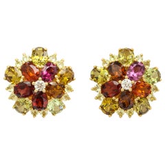 Donna Vock 18 Karat Yellow Gold Garnet, Chrysoberyl and Diamond Ear Clips