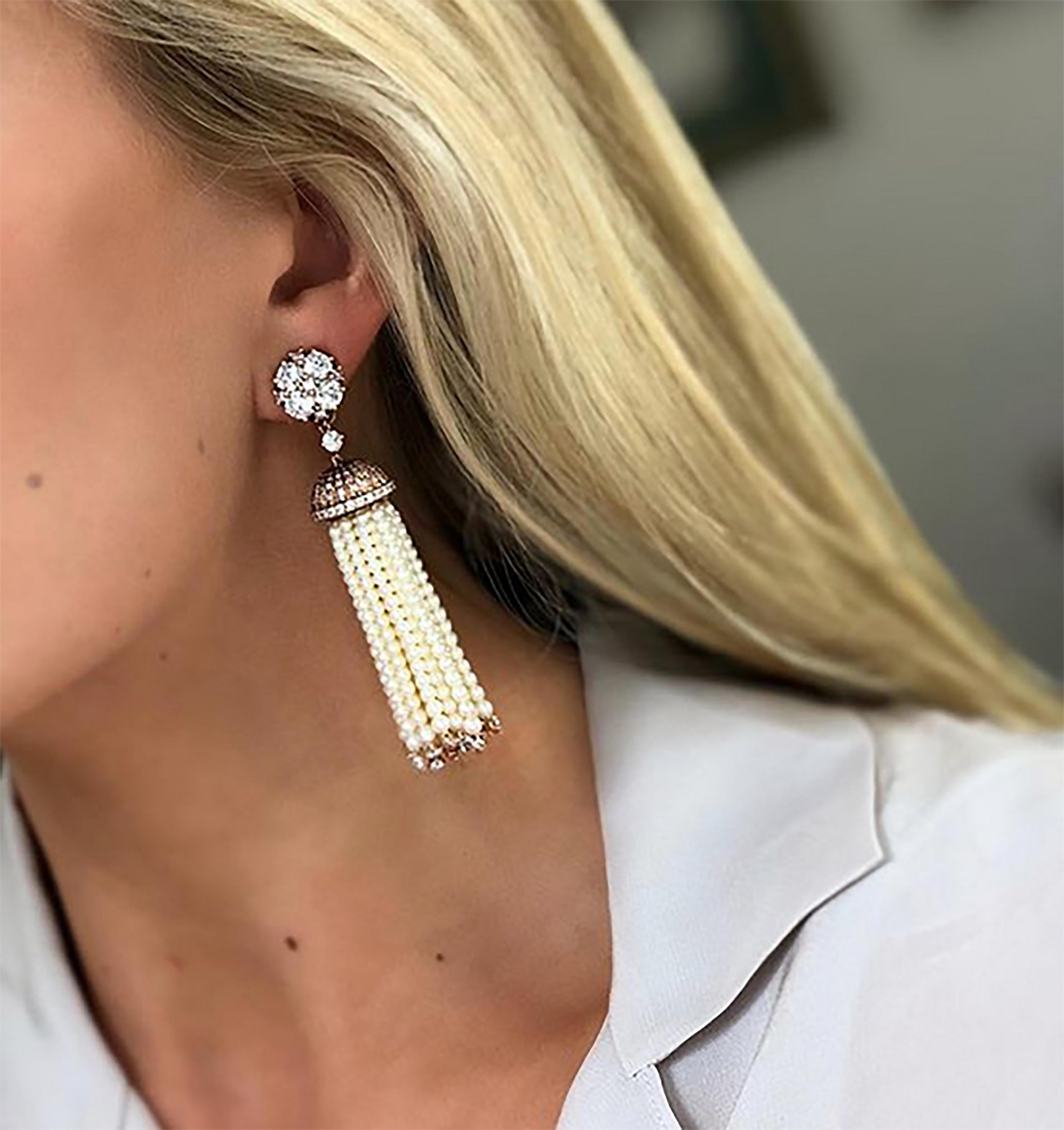 Donna Vock 18k Gold Pink and White Diamond Natural Pearl Tassel Clip-On Earrings In New Condition For Sale In New York, NY