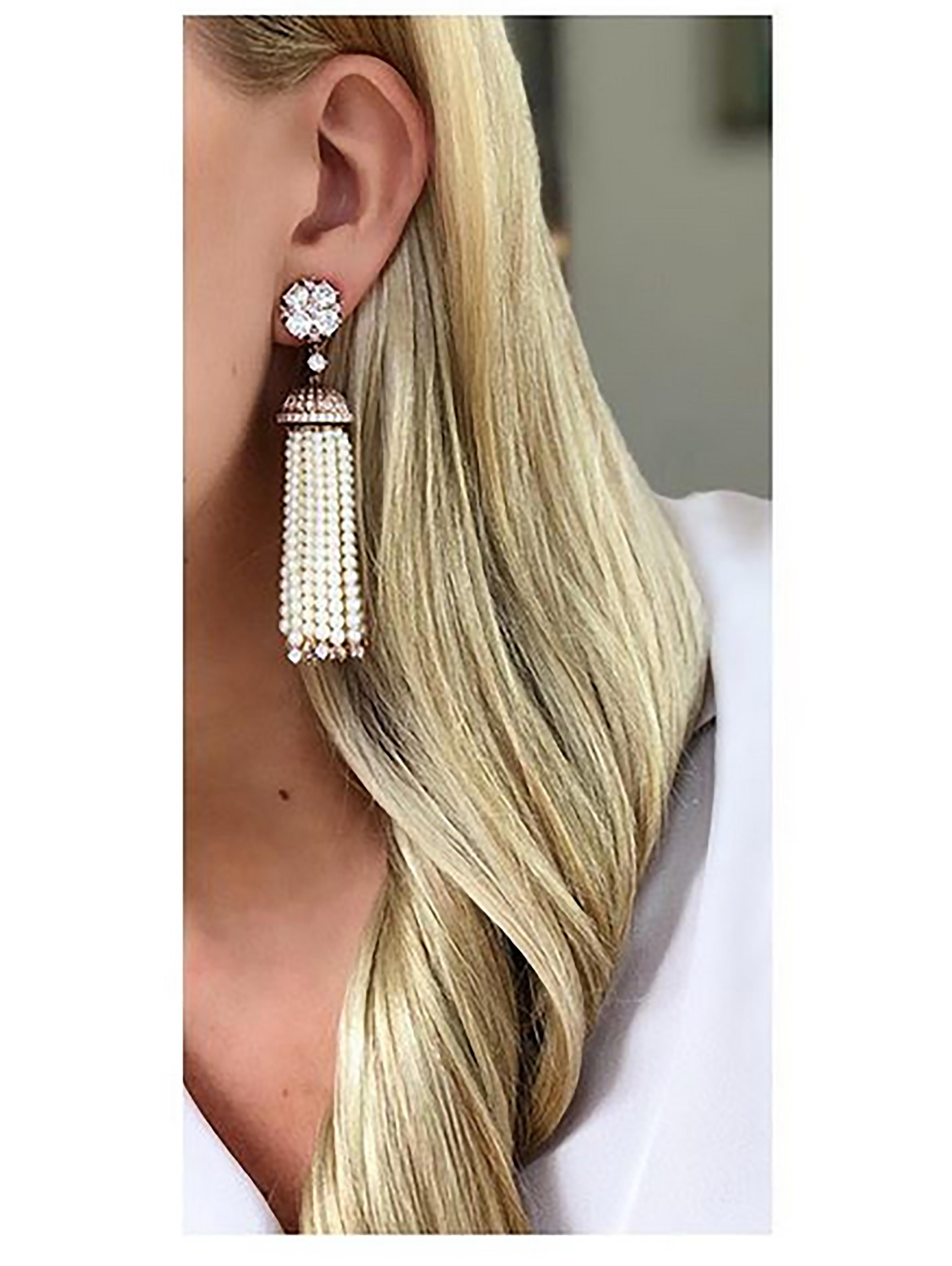 Women's or Men's Donna Vock 18k Gold Pink and White Diamond Natural Pearl Tassel Clip-On Earrings For Sale