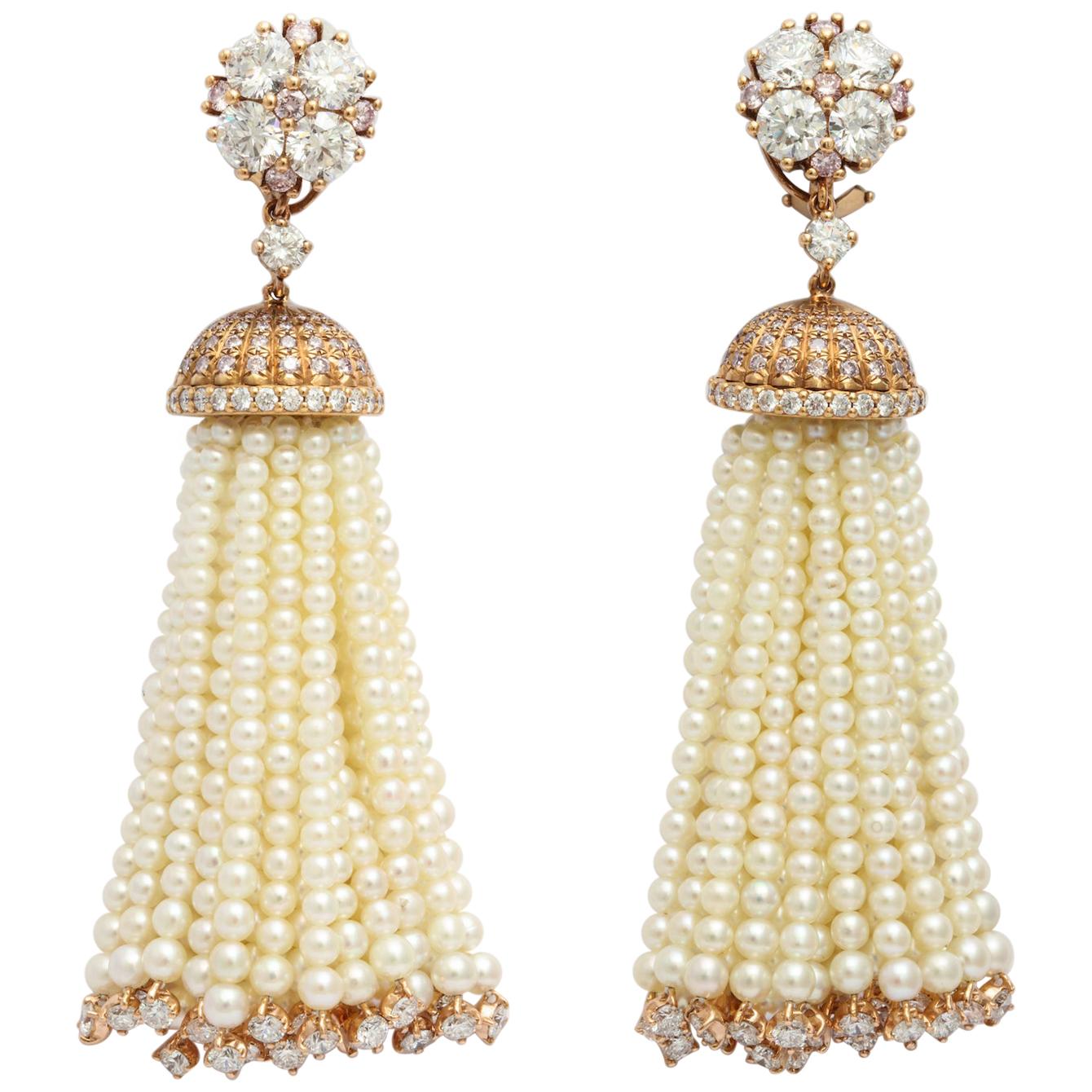 Donna Vock 18k Gold Pink and White Diamond Natural Pearl Tassel Clip-On Earrings For Sale