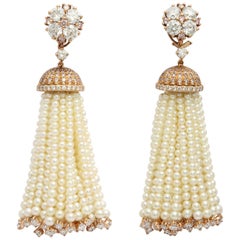 Donna Vock 18k Gold Pink and White Diamond Natural Pearl Tassel Clip-On Earrings