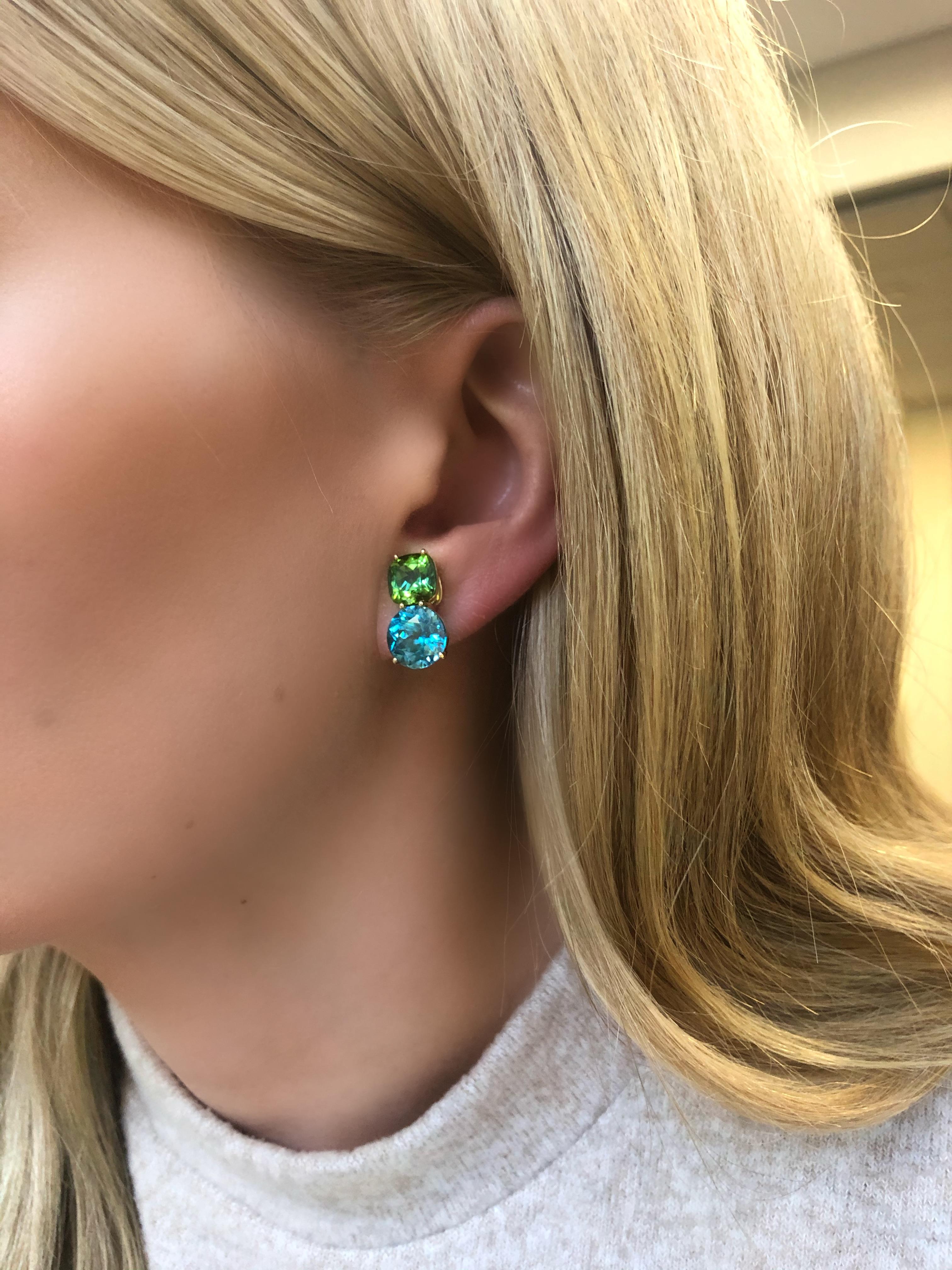 A super fine, and versatile earring for the jewelry enthusiast who appreciates owning something distinctive. These vibrant round blue zircon are rare gems indeed! Beautifully matched and expertly cut in Idar-Oberstein, Germany, the pair weigh a