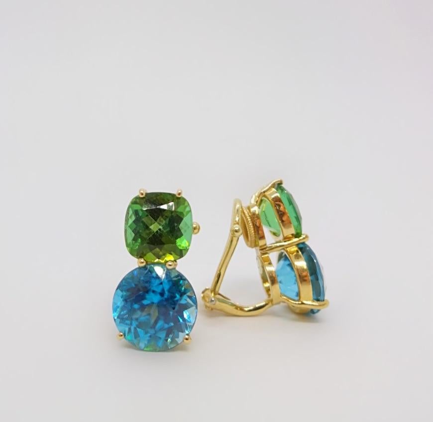 Contemporary Donna Vock 18 Karat Gold Tourmaline and Blue Zircon Clip-On Double Stud Earrings For Sale