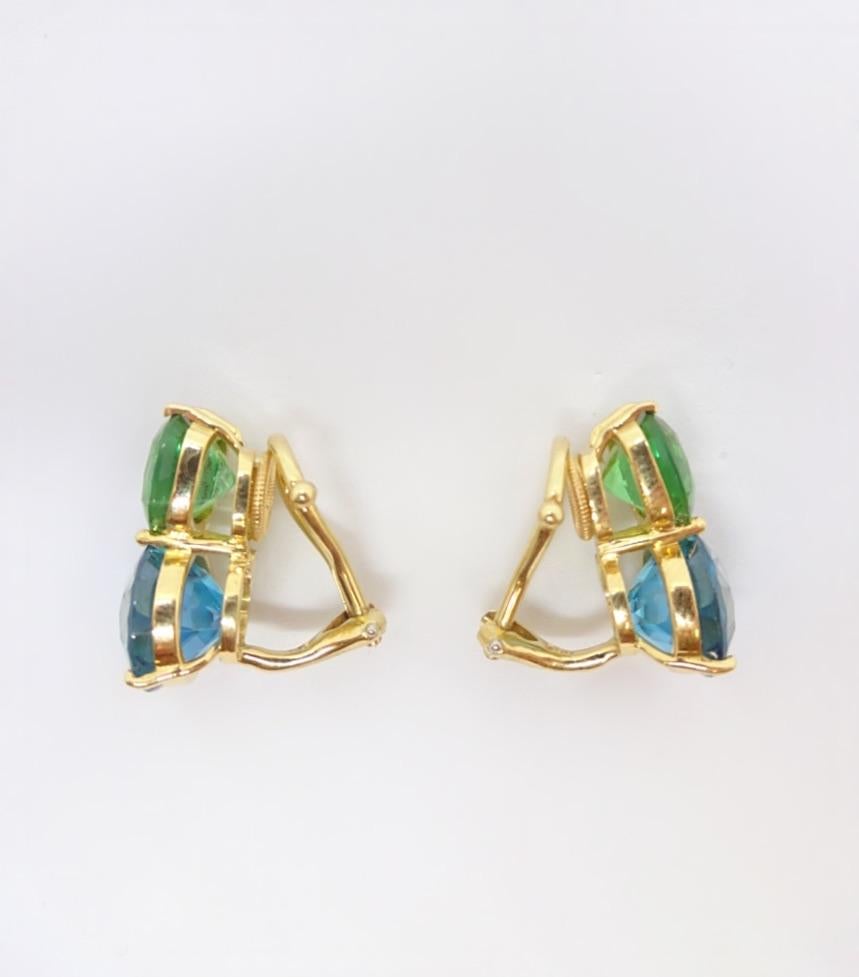 Donna Vock 18 Karat Gold Tourmaline and Blue Zircon Clip-On Double Stud Earrings In New Condition For Sale In New York, NY