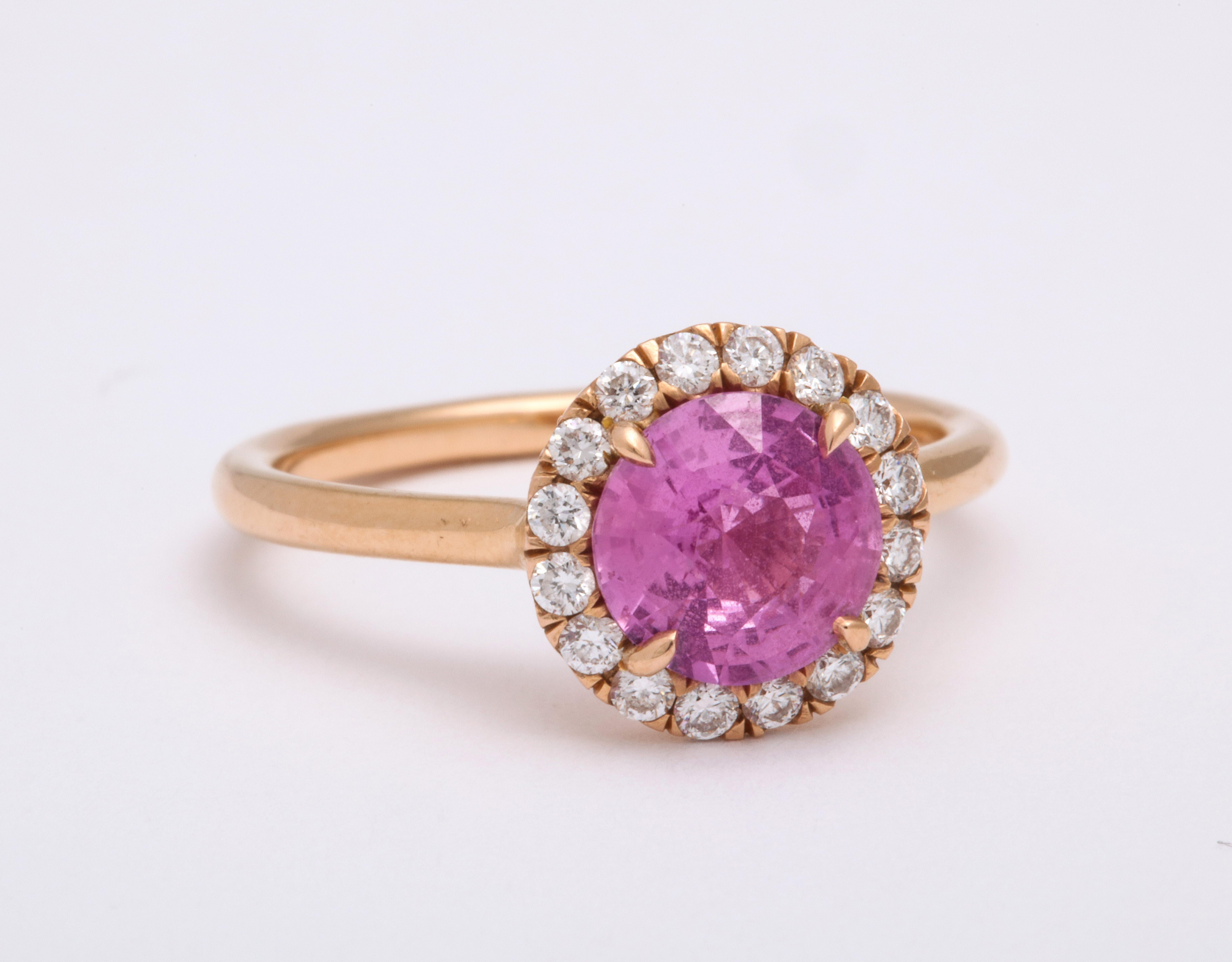 Round Cut Donna Vock 18 Karat Rose Gold Pink Sapphire Ring with Diamonds For Sale