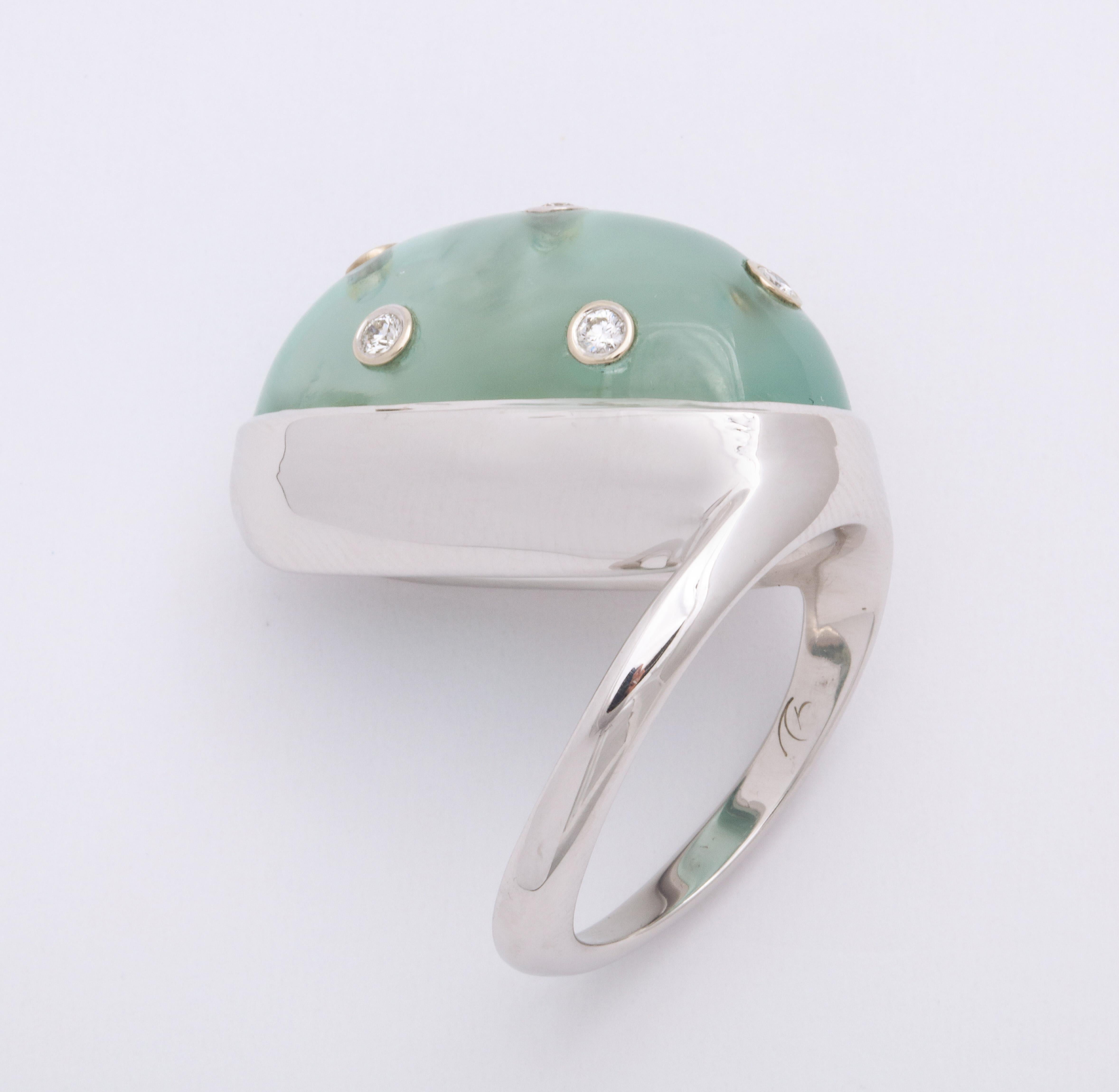 Contemporary Donna Vock 18 Karat White Gold Ring with Cabochon Aquamarine and Diamonds For Sale