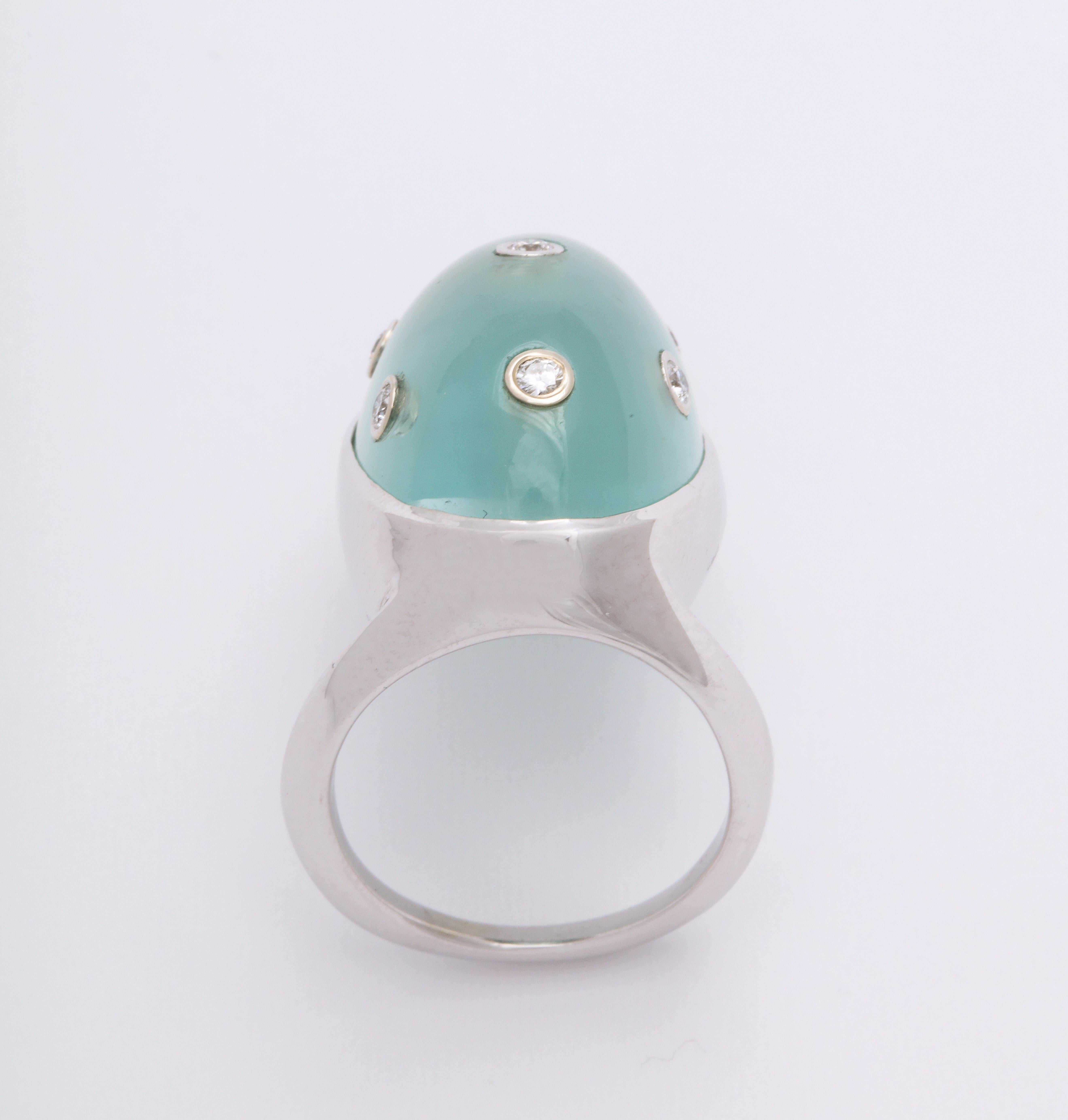 Oval Cut Donna Vock 18 Karat White Gold Ring with Cabochon Aquamarine and Diamonds For Sale