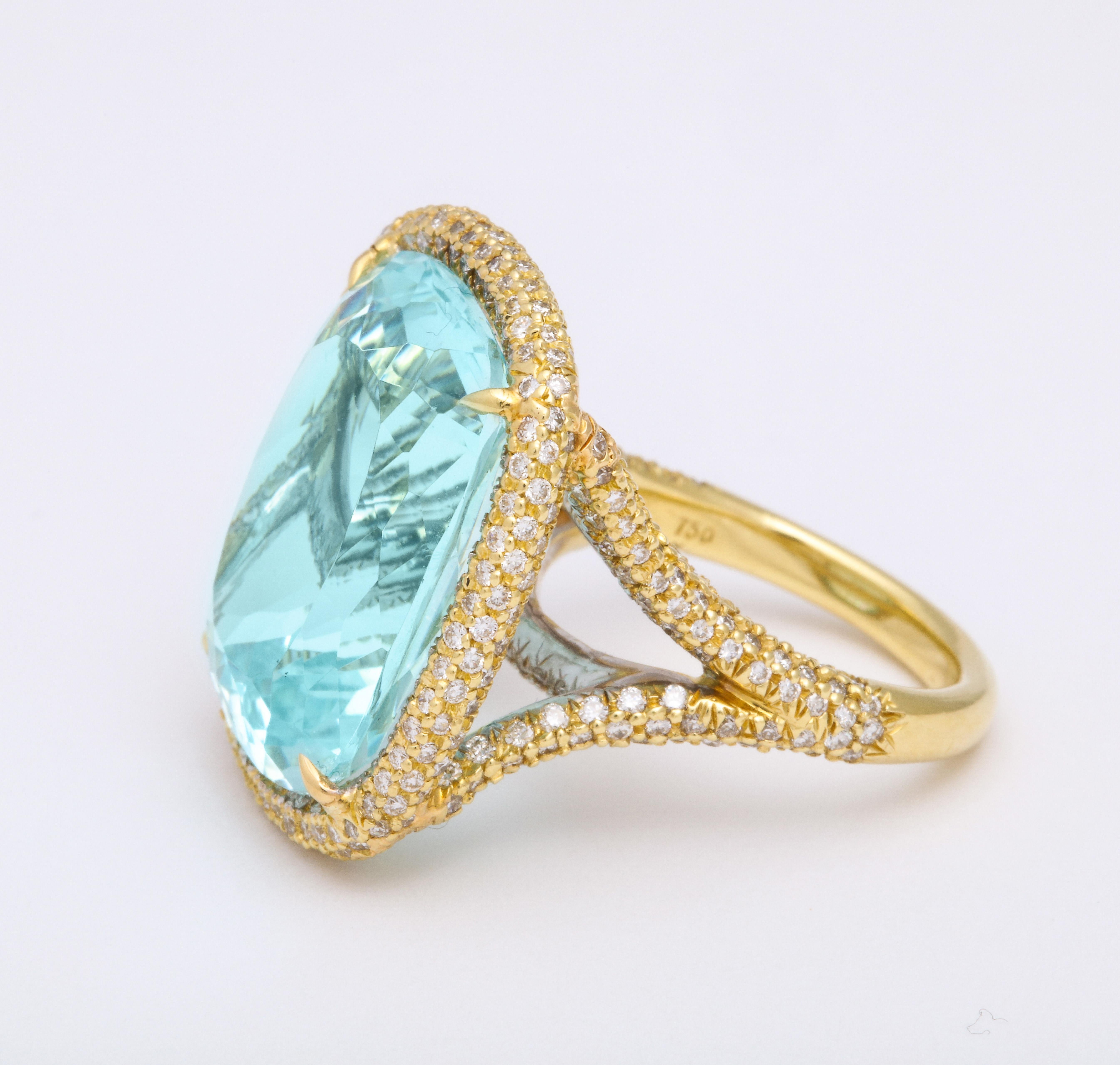 Cushion Cut Donna Vock 18 Karat Yellow Gold Aquamarine and Diamond Cocktail Ring For Sale