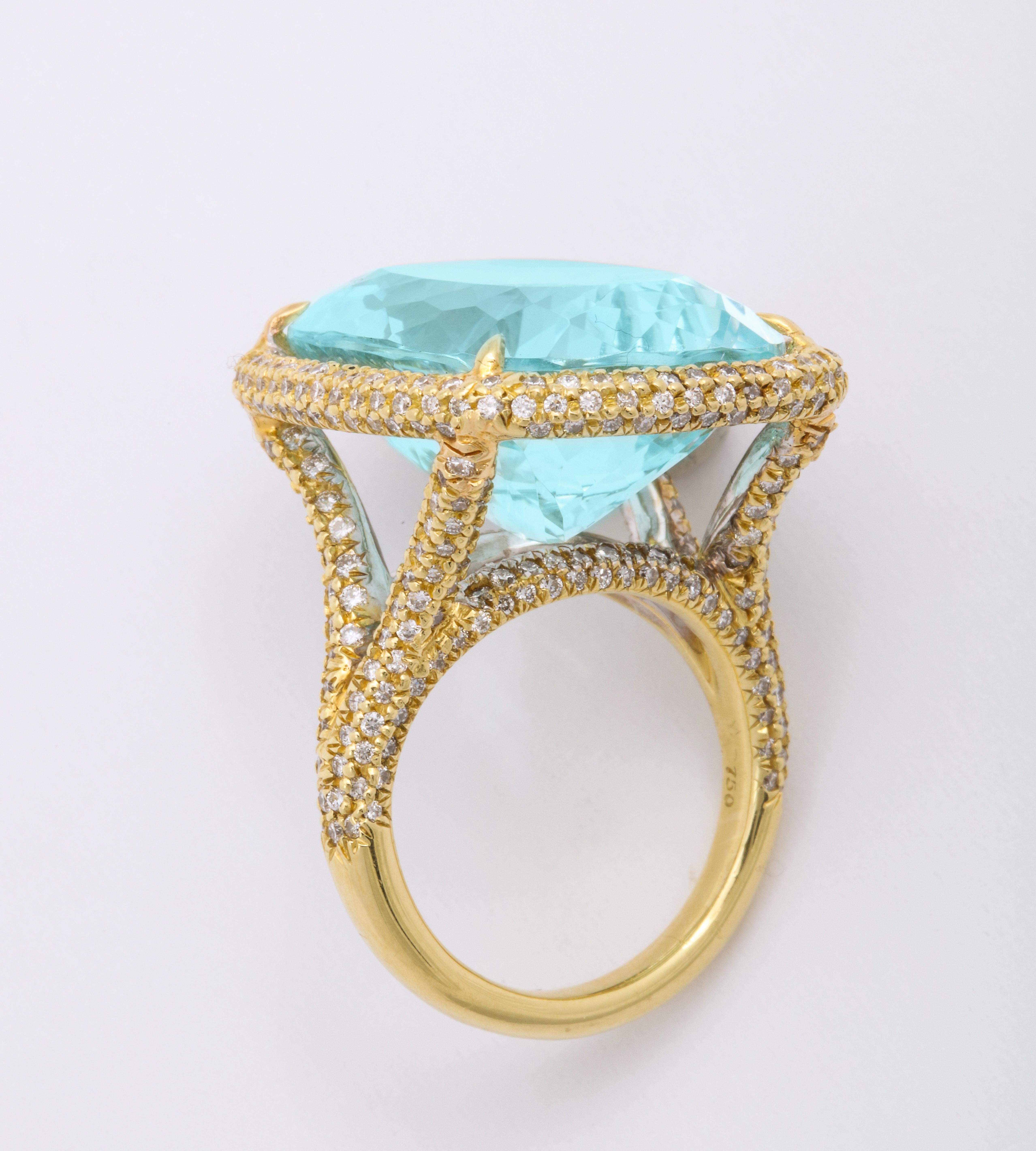 Women's or Men's Donna Vock 18 Karat Yellow Gold Aquamarine and Diamond Cocktail Ring For Sale