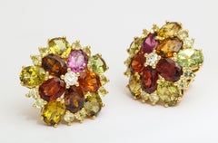 Donna Vock 18 Karat Yellow Gold Garnet, Chrysoberyl and Diamond Ear Clips
